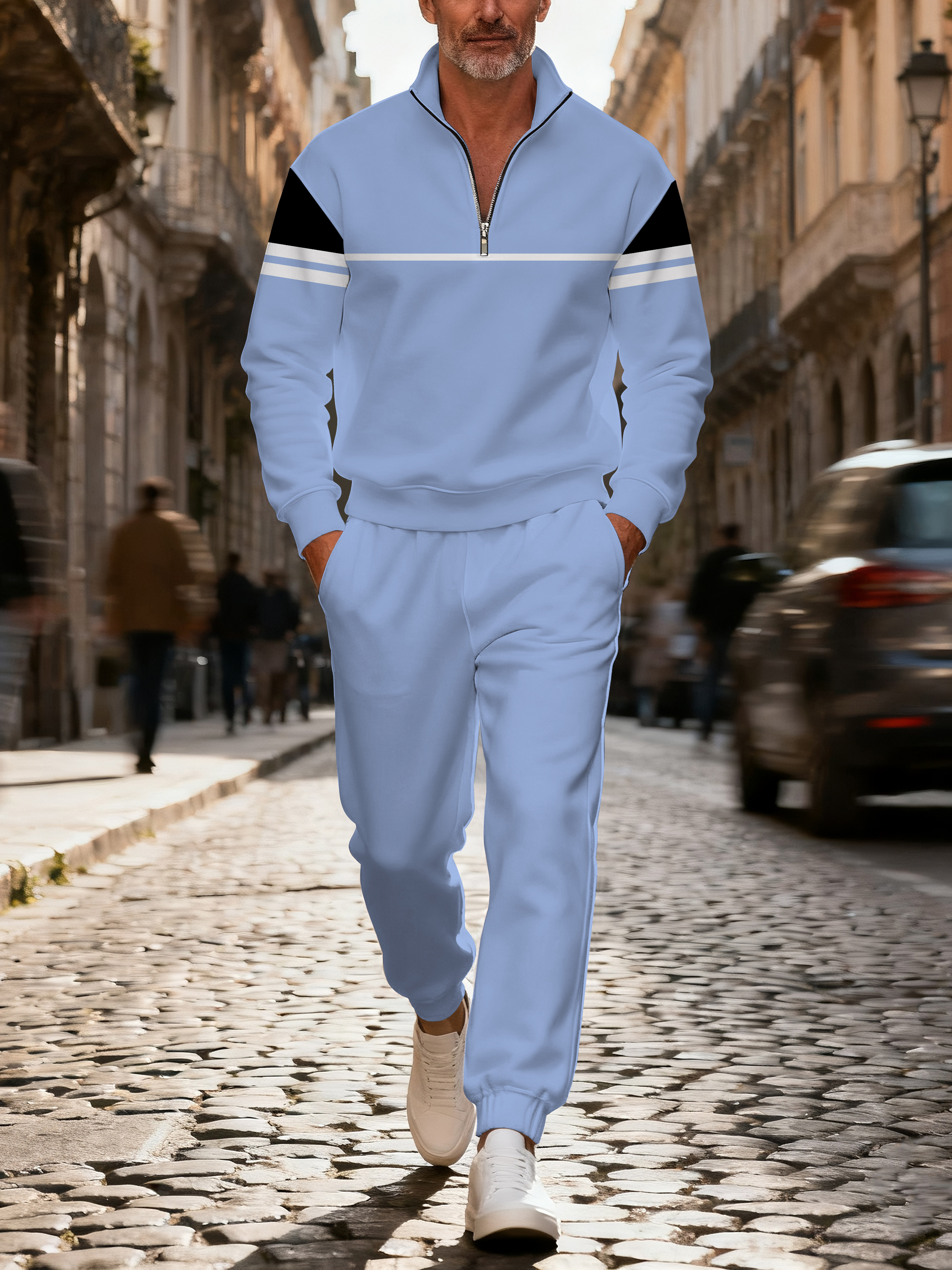 Men's casual fashionable blue striped print zipper long-sleeved two-piece set