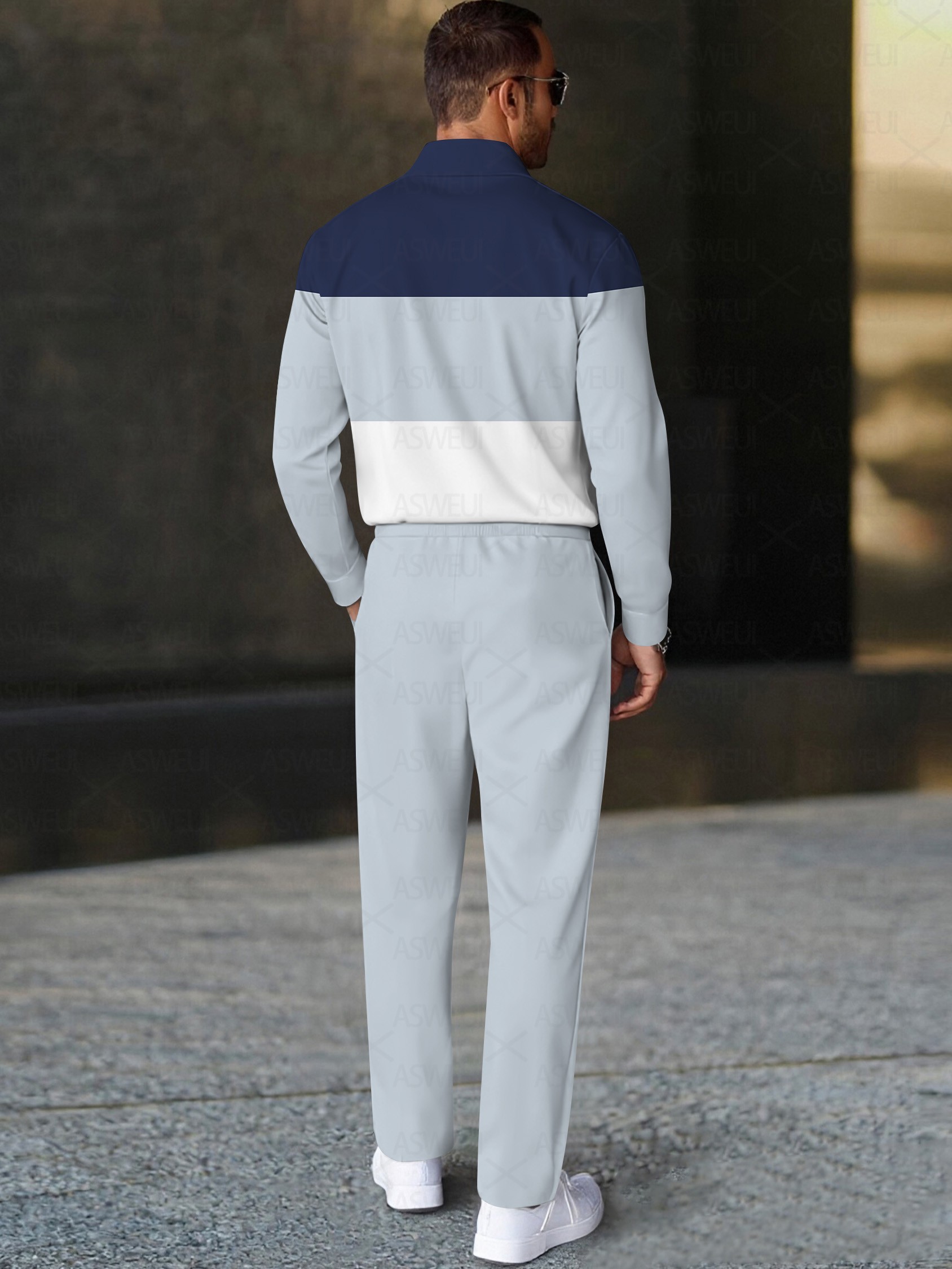 Men's fashionable casual blue polo long-sleeve two-piece set