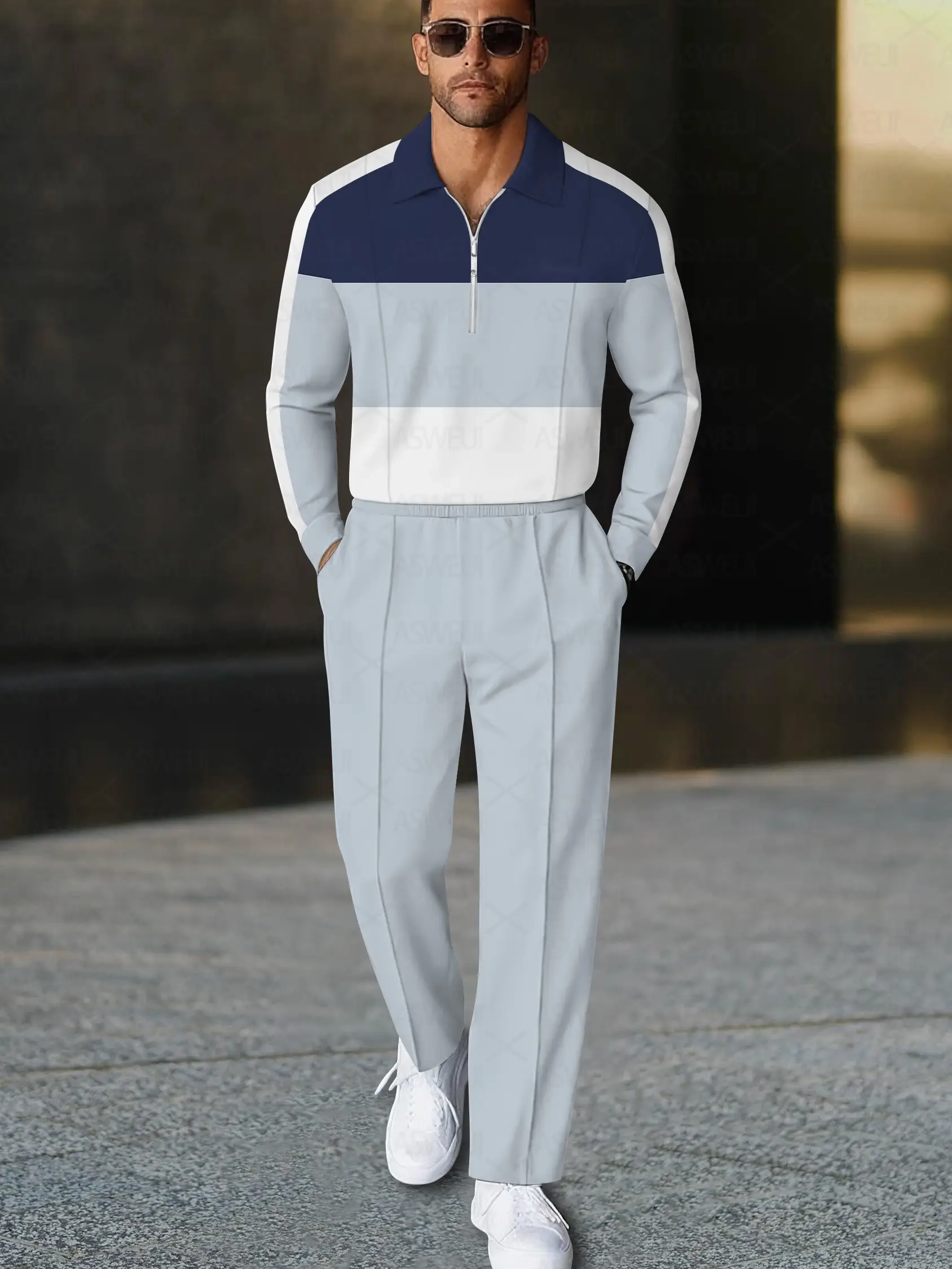 Men's fashionable casual blue polo long-sleeve two-piece set