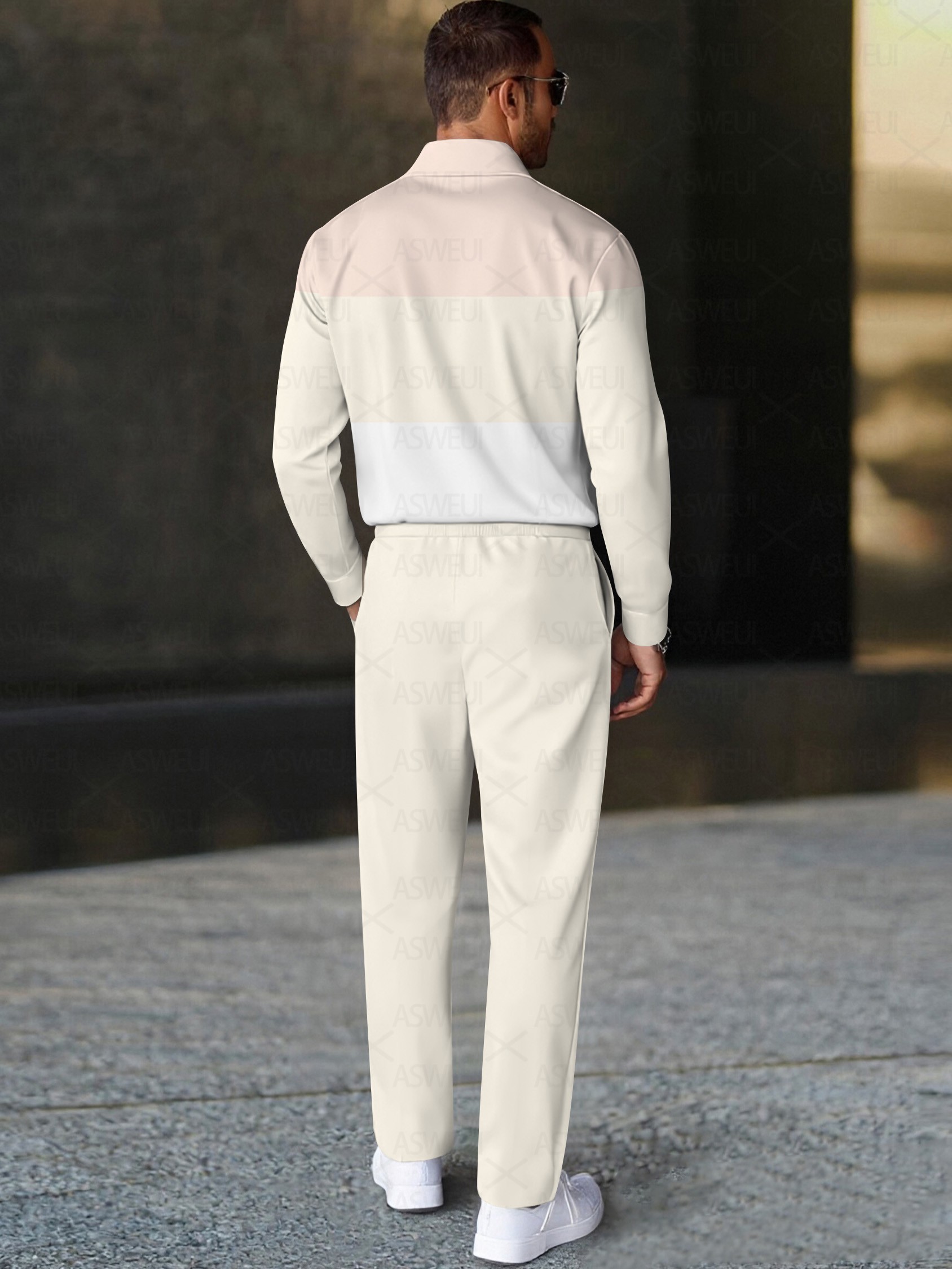 Men's stylish casual beige polo long-sleeve two-piece set