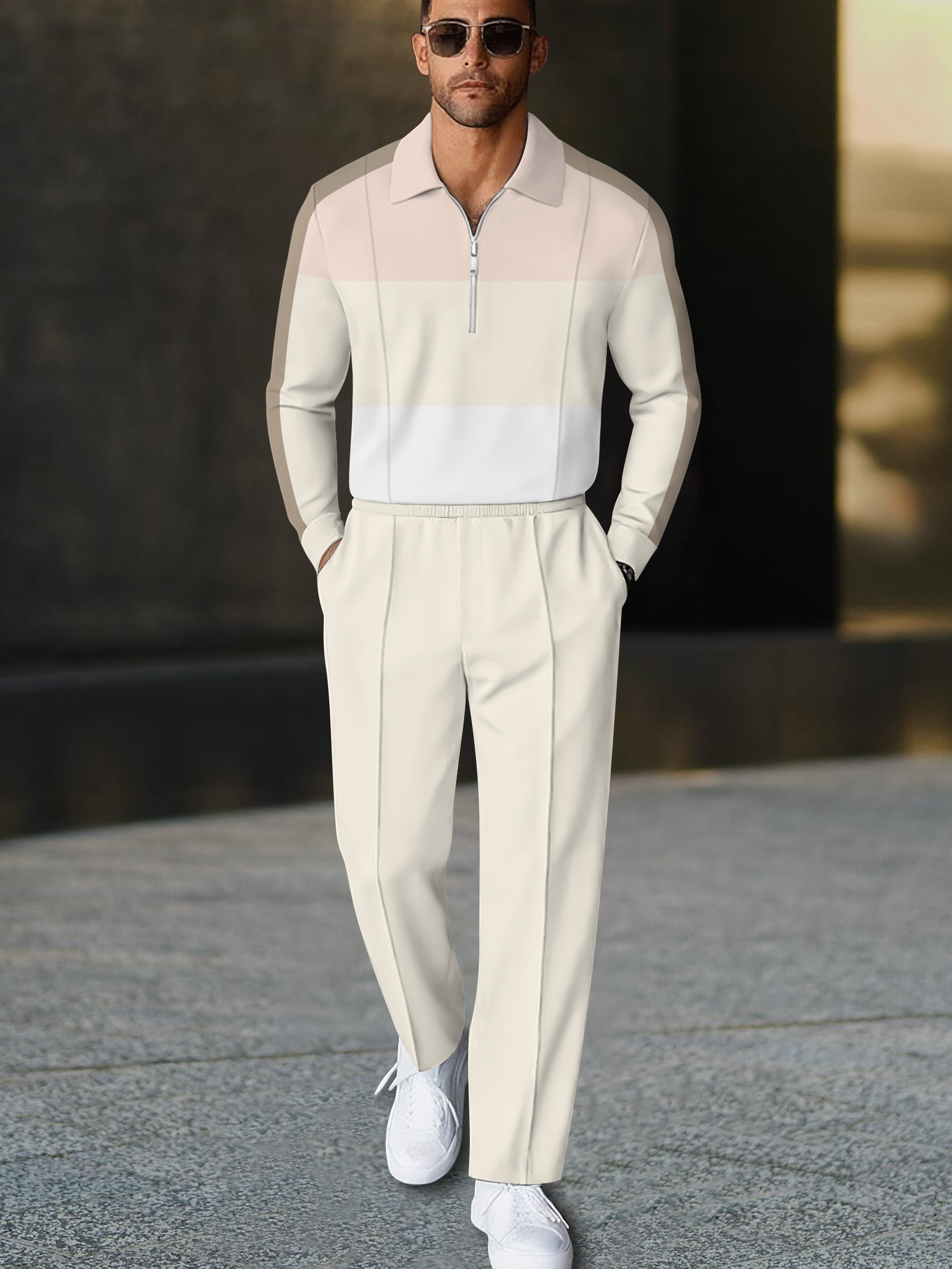 Men's stylish casual beige polo long-sleeve two-piece set