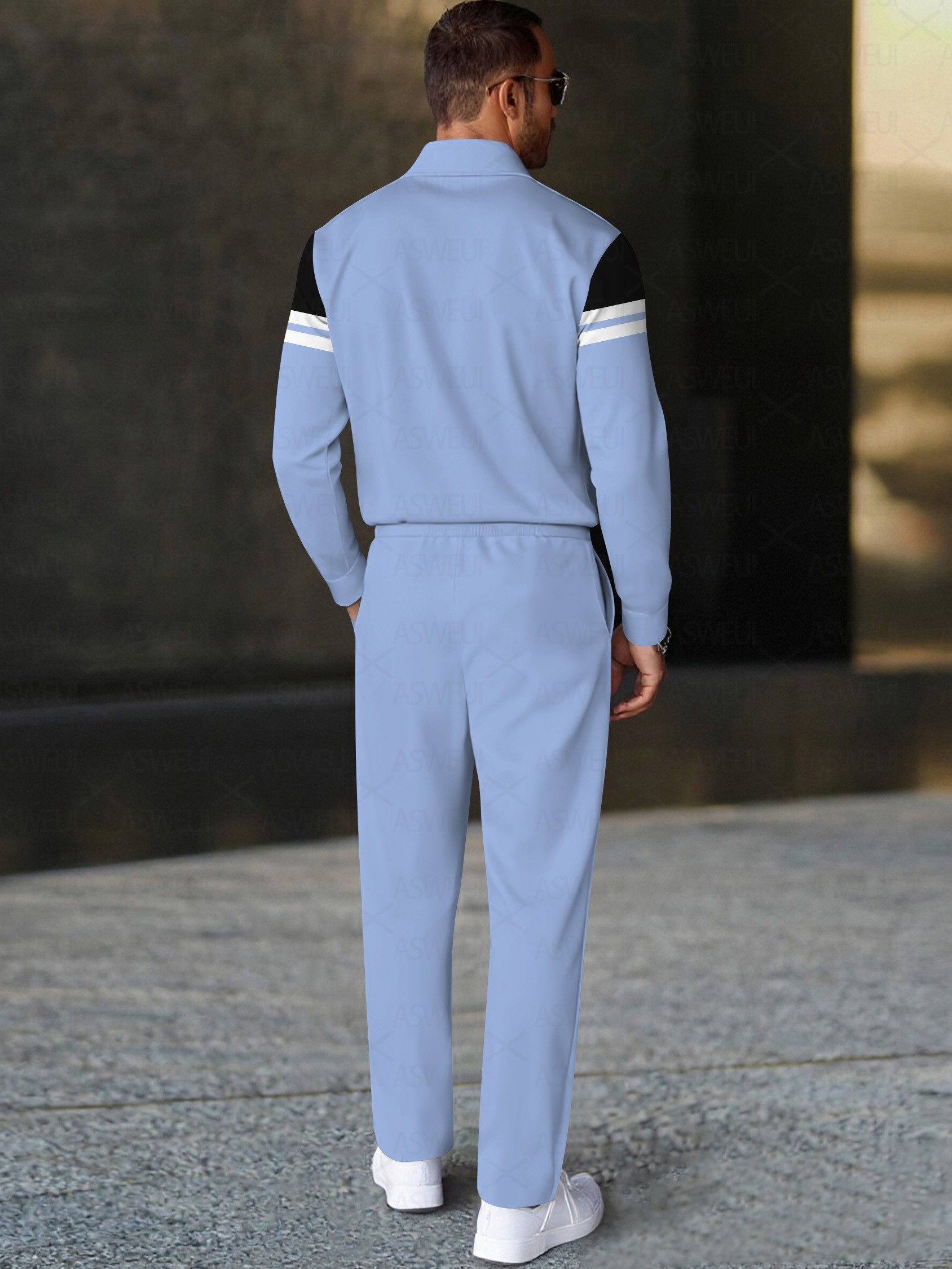 Men's fashionable casual blue polo long-sleeve two-piece set