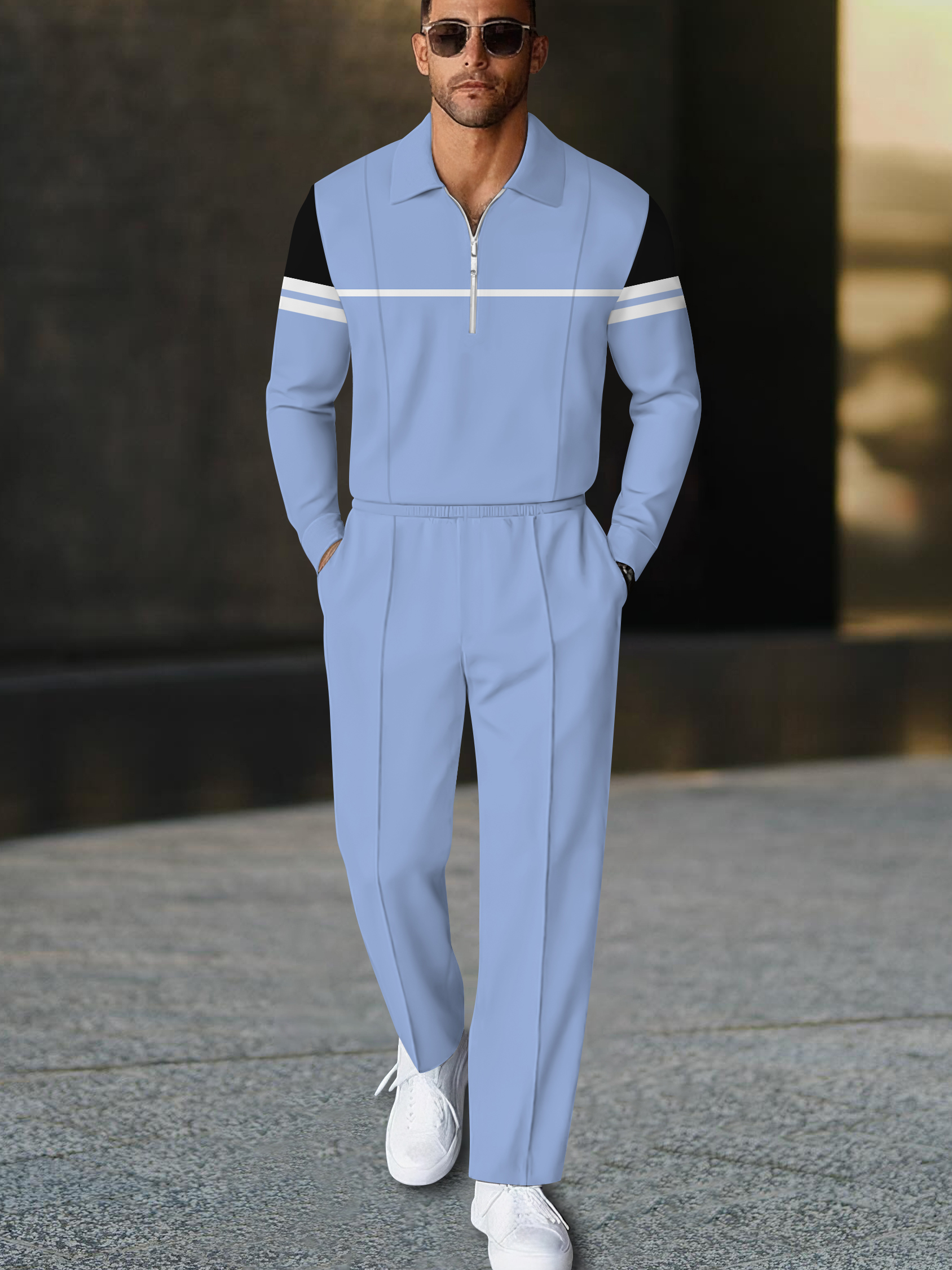 Men's fashionable casual blue polo long-sleeve two-piece set