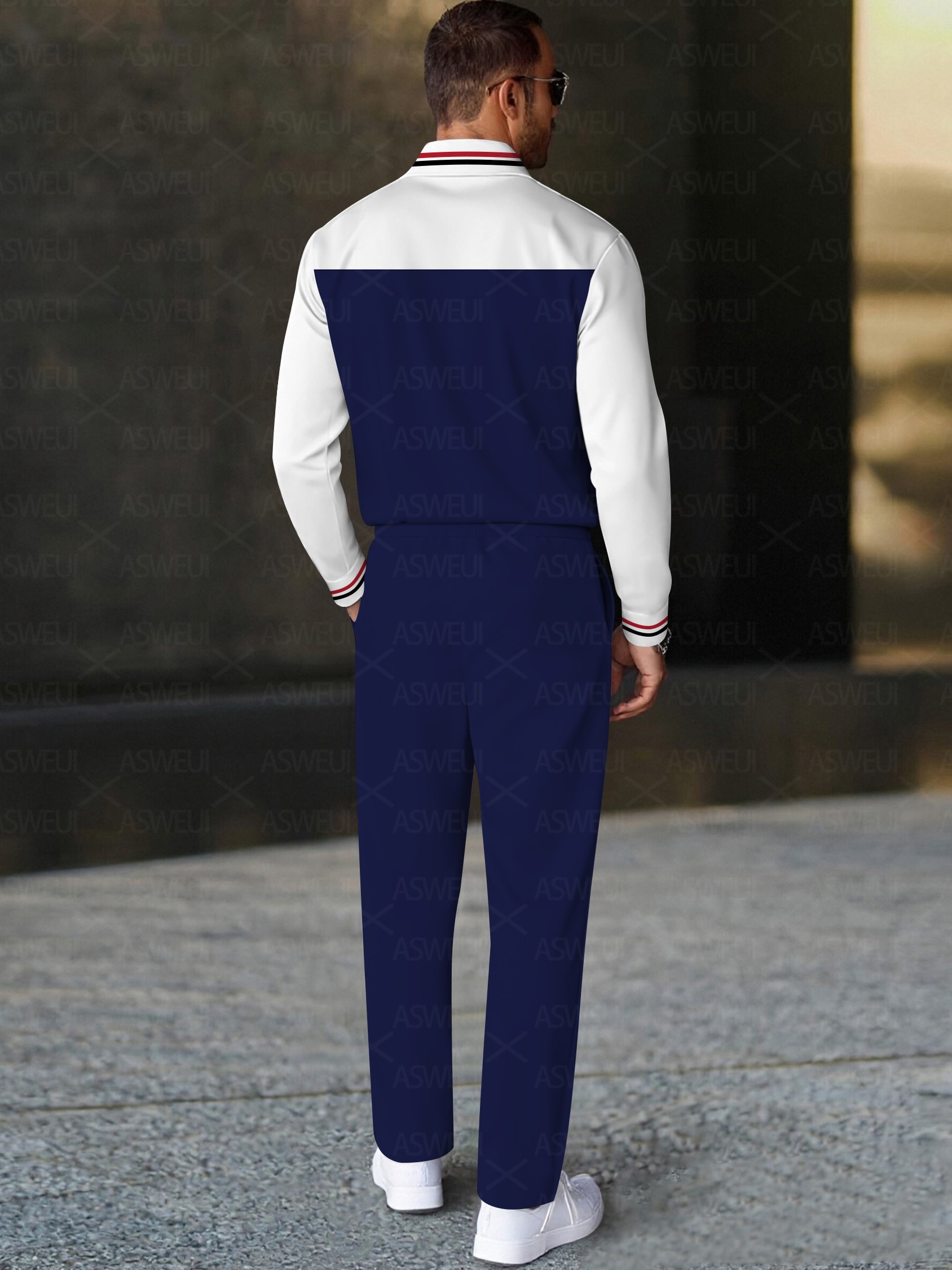 Men's fashionable casual dark blue polo long-sleeve two-piece set