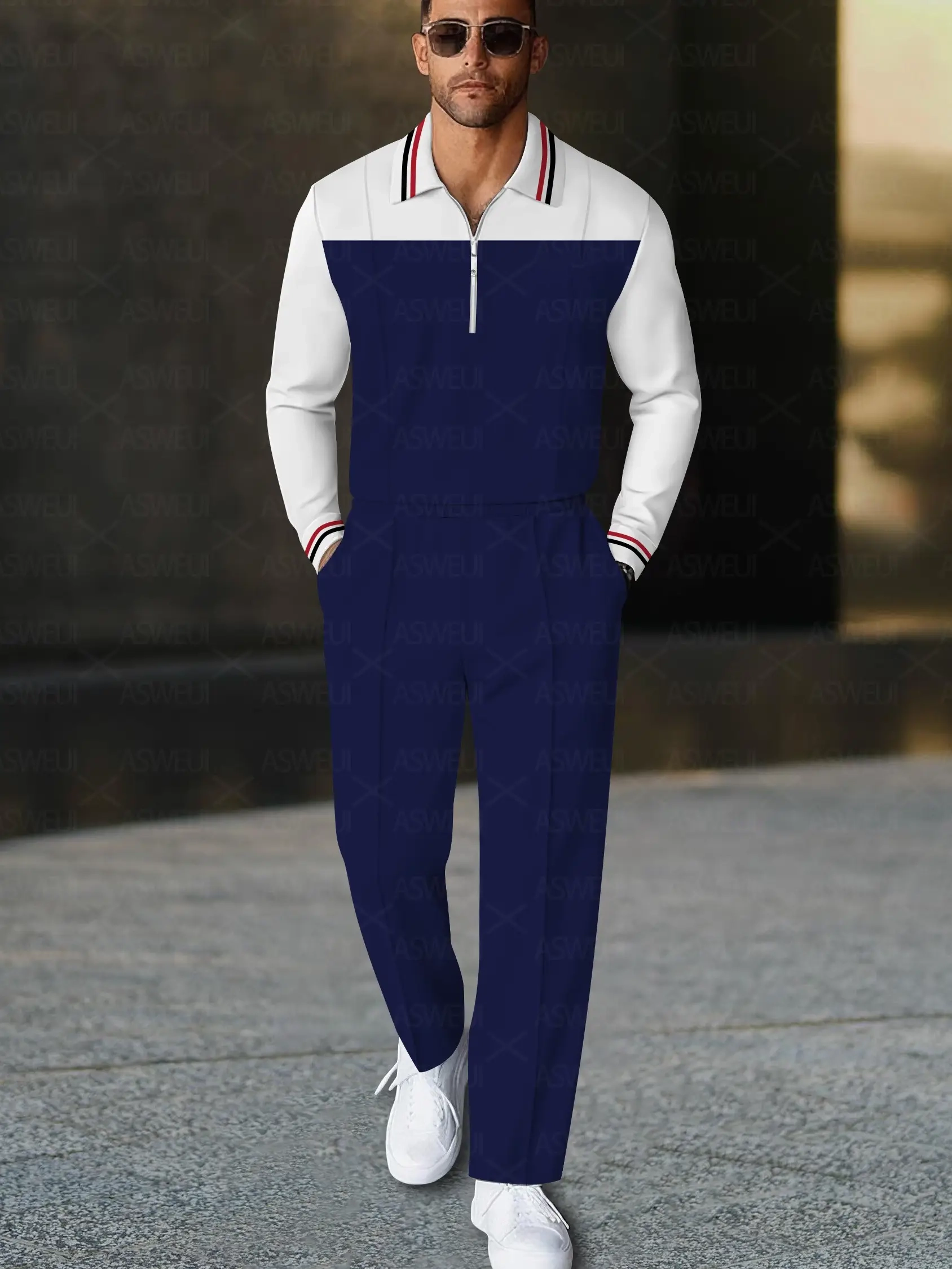 Men's fashionable casual dark blue polo long-sleeve two-piece set