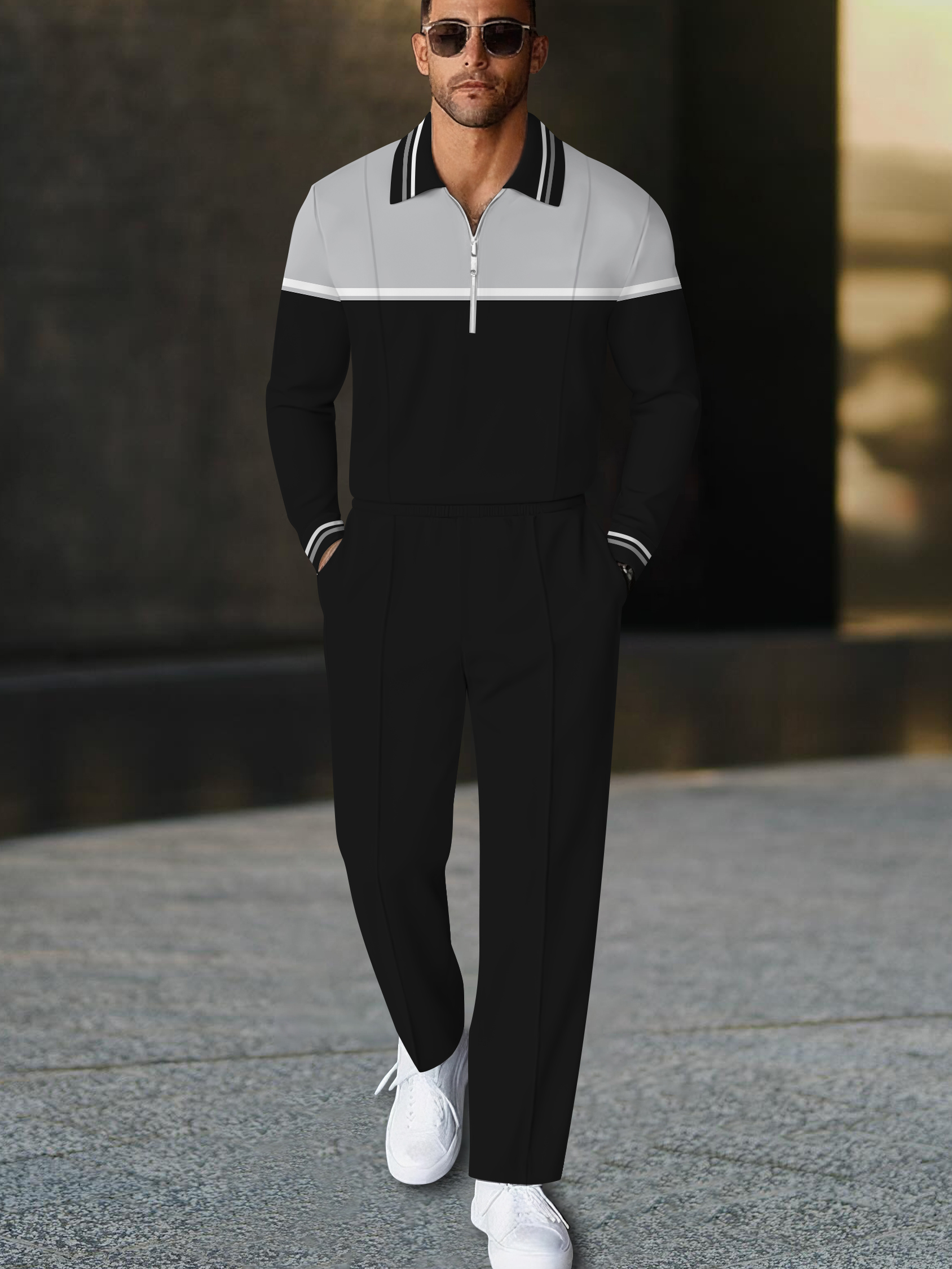 Men's fashionable casual black and gray striped polo long-sleeve two-p