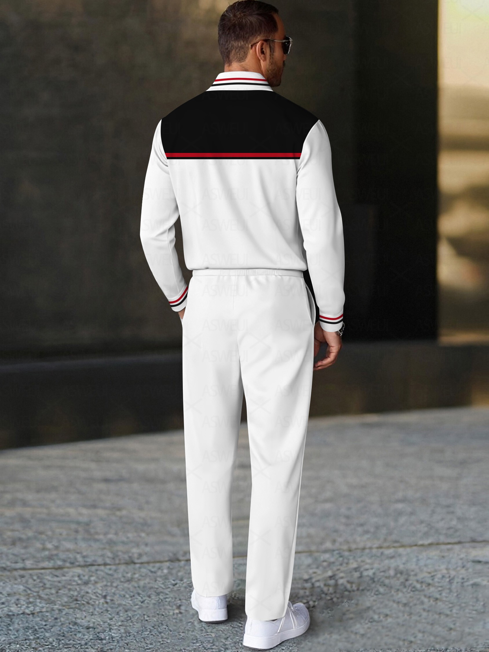 Men's fashionable casual black and white striped polo long-sleeved two-piece set