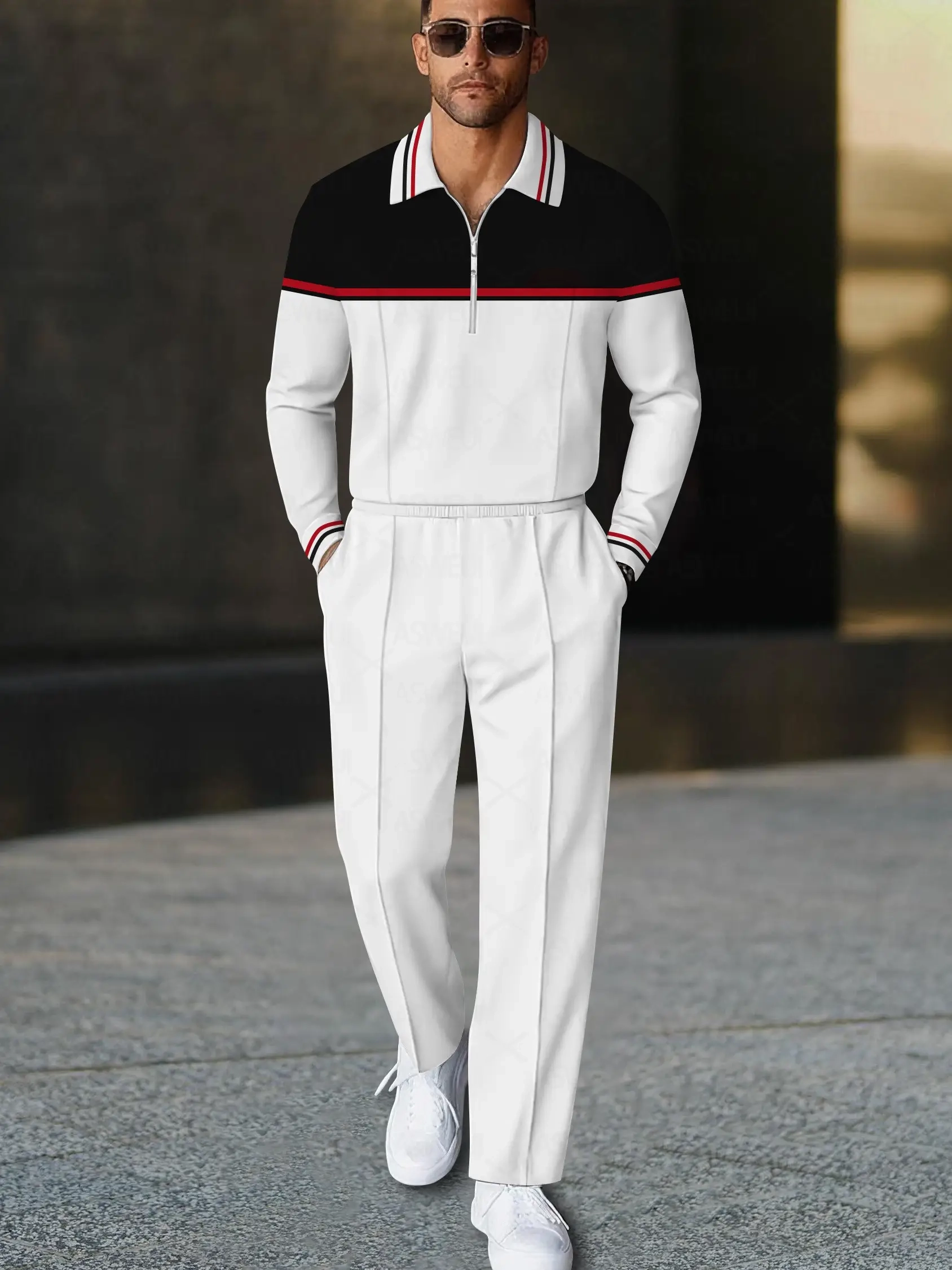 Men's fashionable casual black and white striped polo long-sleeved two-piece set