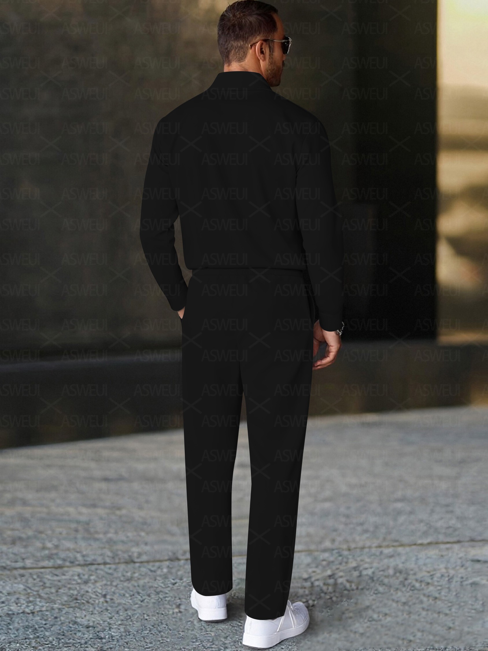 Men's fashionable casual black geometric polo long-sleeve two-piece set