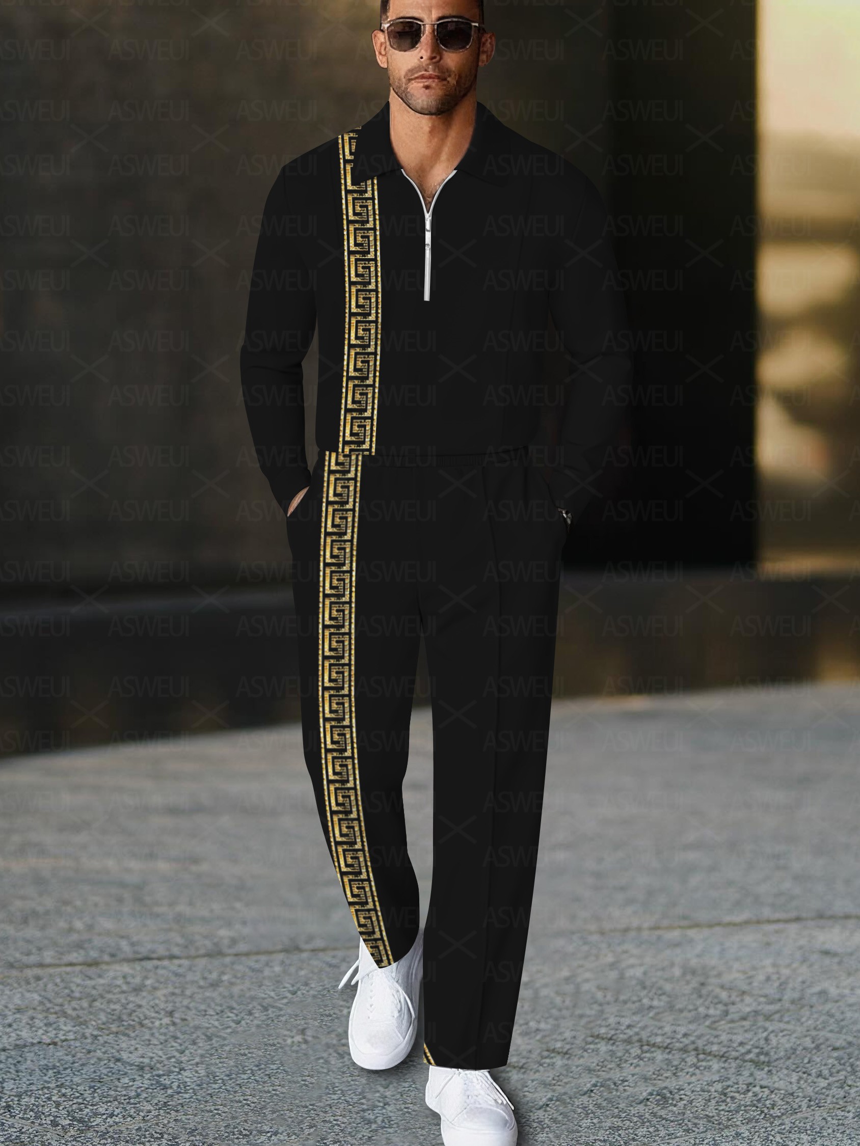 Men's fashionable casual black geometric polo long-sleeve two-piece set