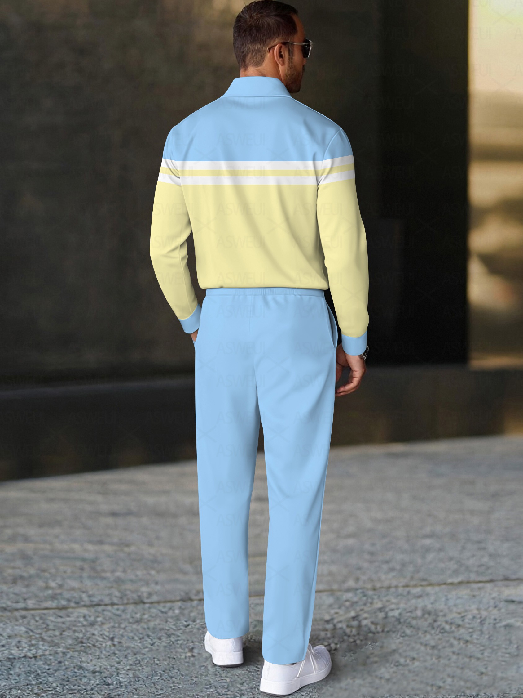 Men's casual and fashionable yellow and blue striped polo long-sleeve two-piece set