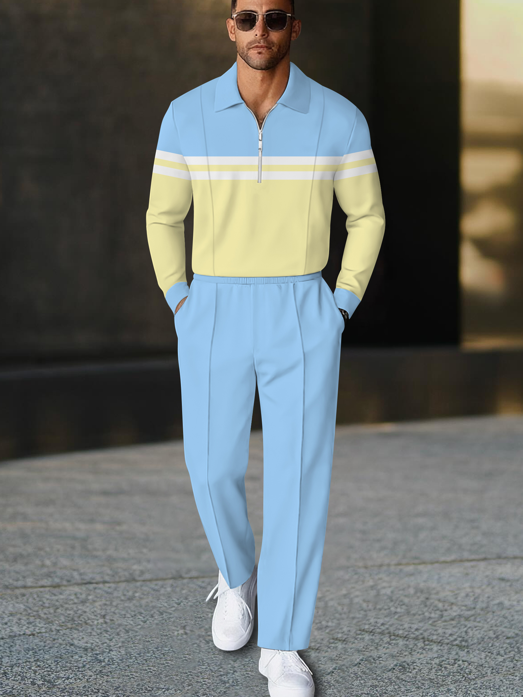 Men's casual and fashionable yellow and blue striped polo long-sleeve 