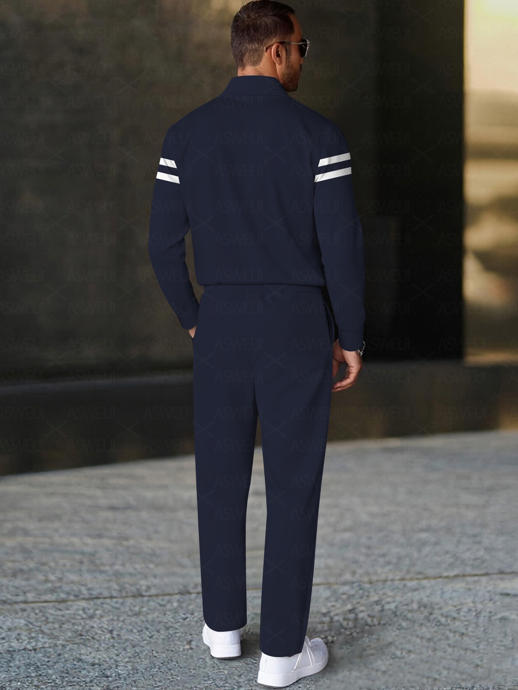 Men's fashionable casual dark blue polo long-sleeve two-piece set