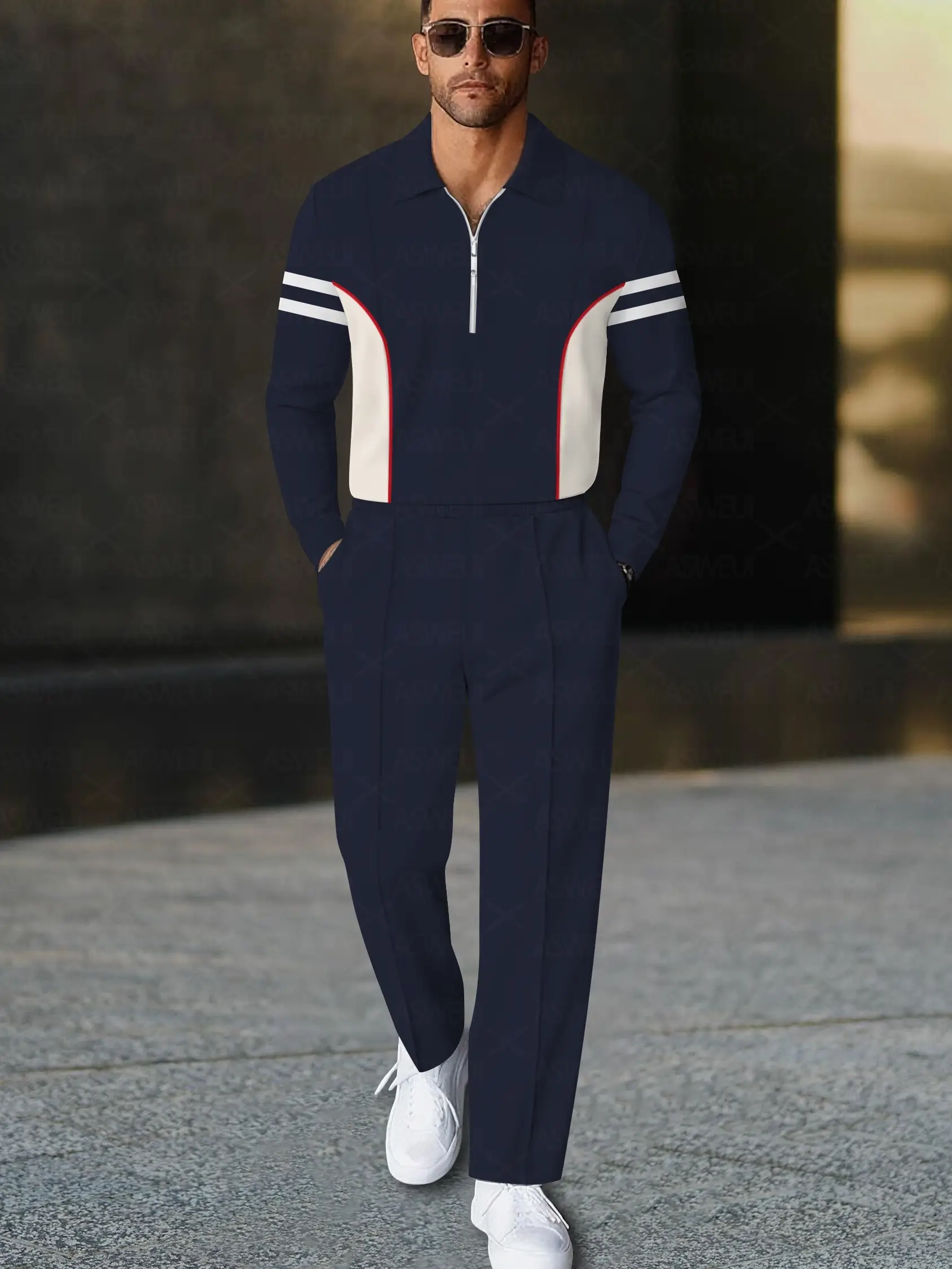 Men's fashionable casual dark blue polo long-sleeve two-piece set