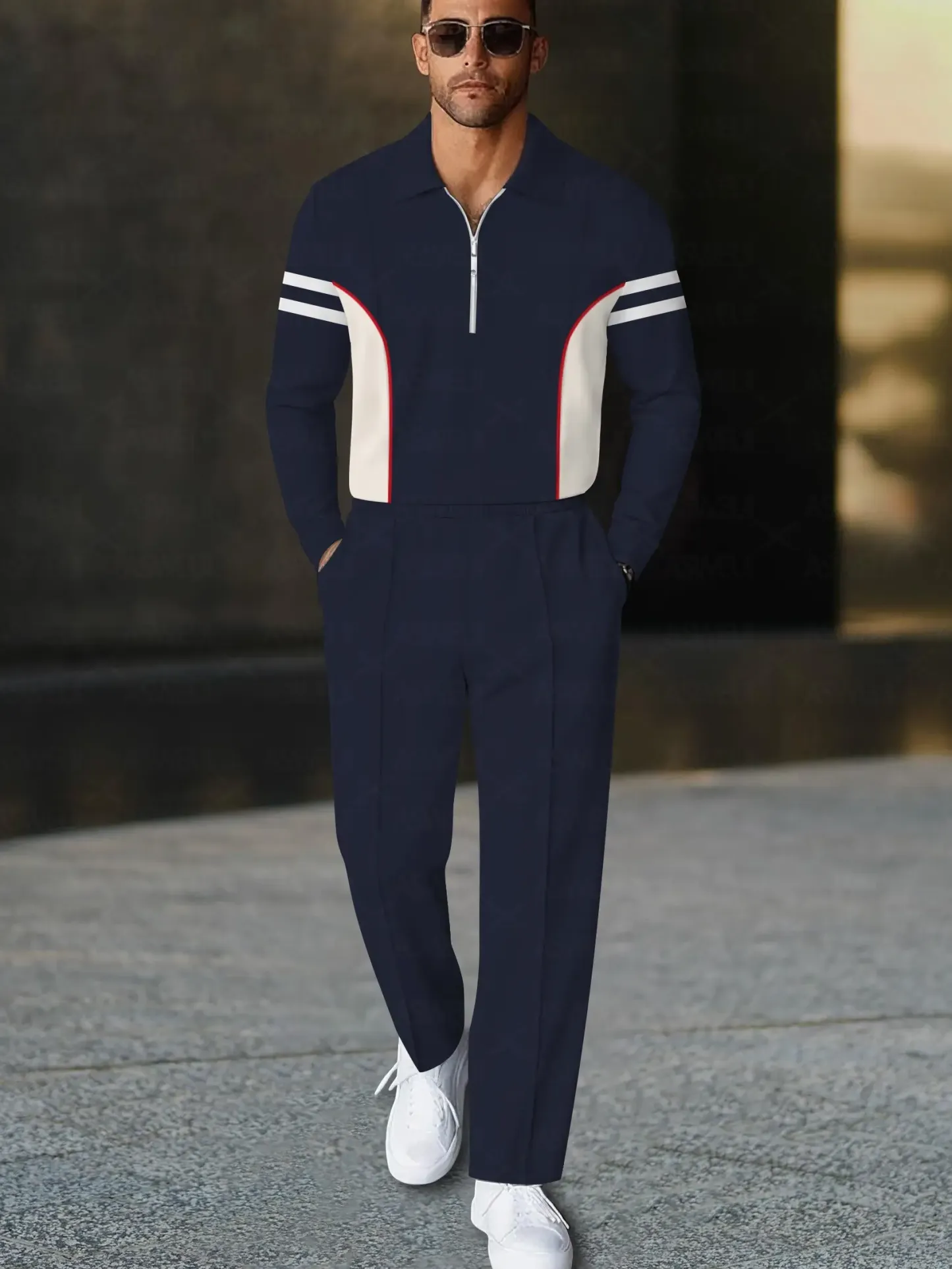 Men's fashionable casual dark blue polo long-sleeve two-piece set