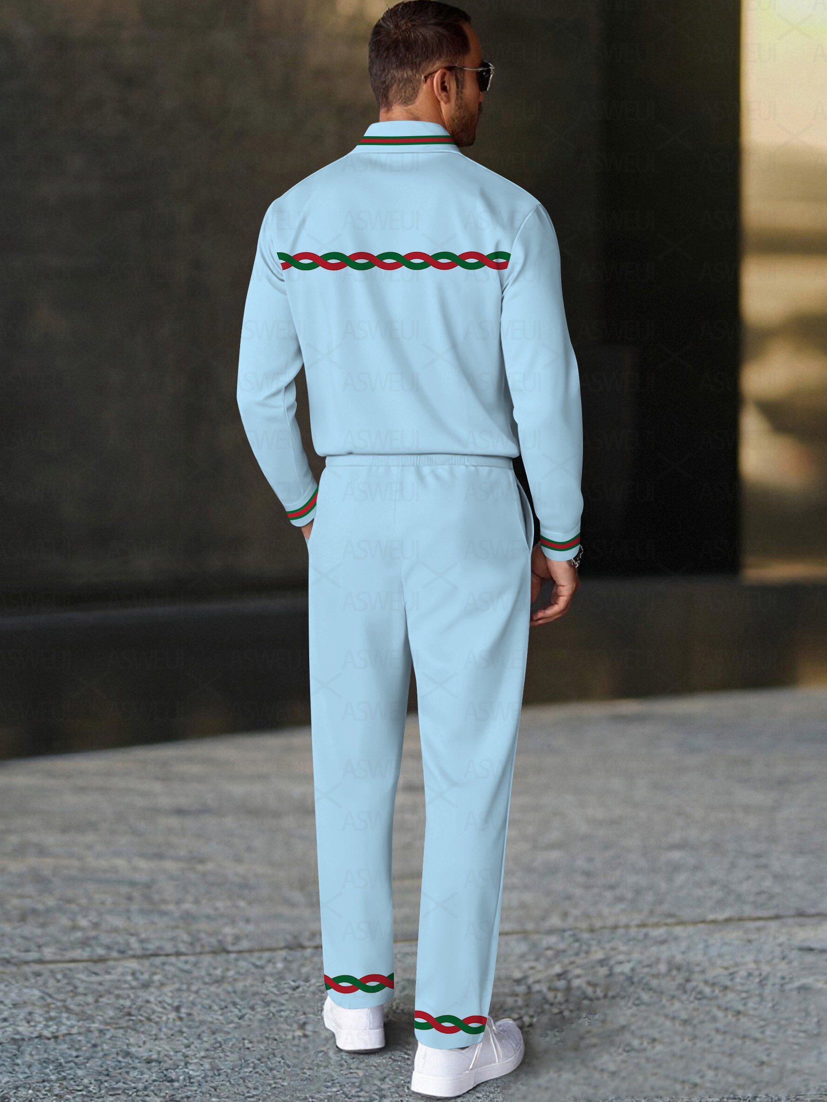 Men's casual fashionable red and green geometric polo long-sleeve two-piece set