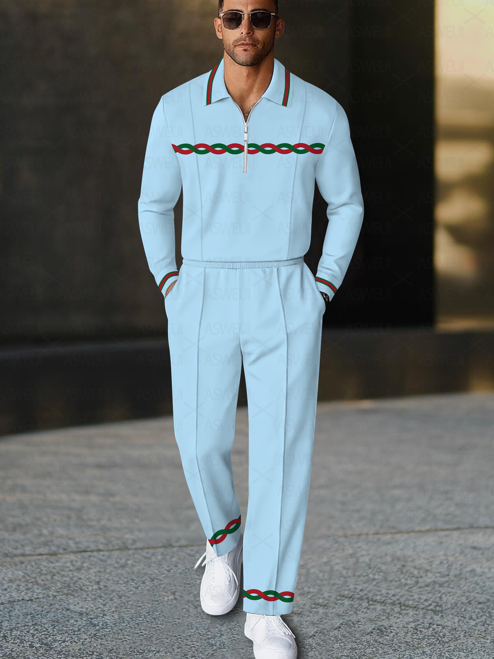 Men's casual fashionable red and green geometric polo long-sleeve two-piece set