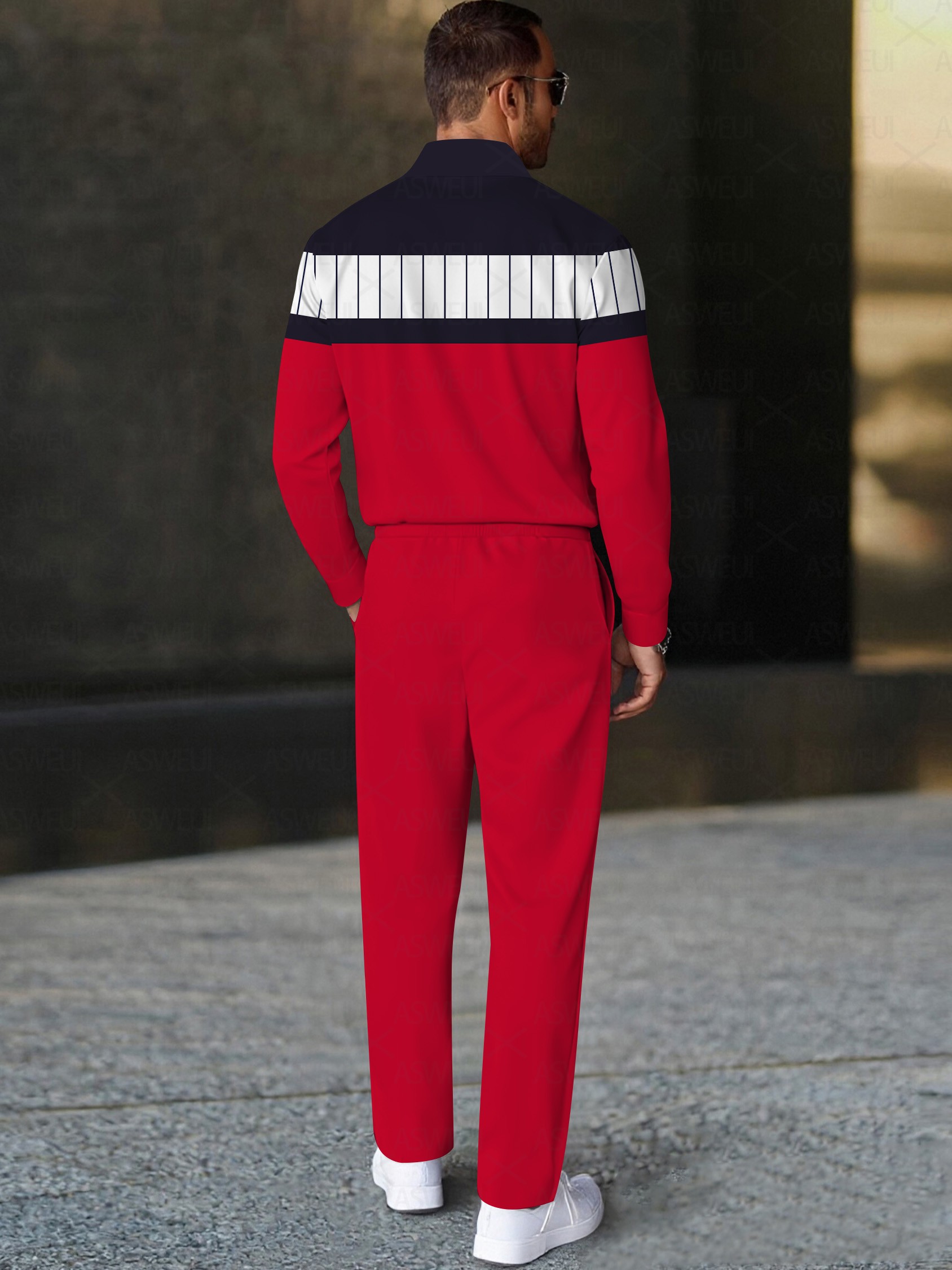 Men's casual and fashionable red geometric polo long-sleeve two-piece set