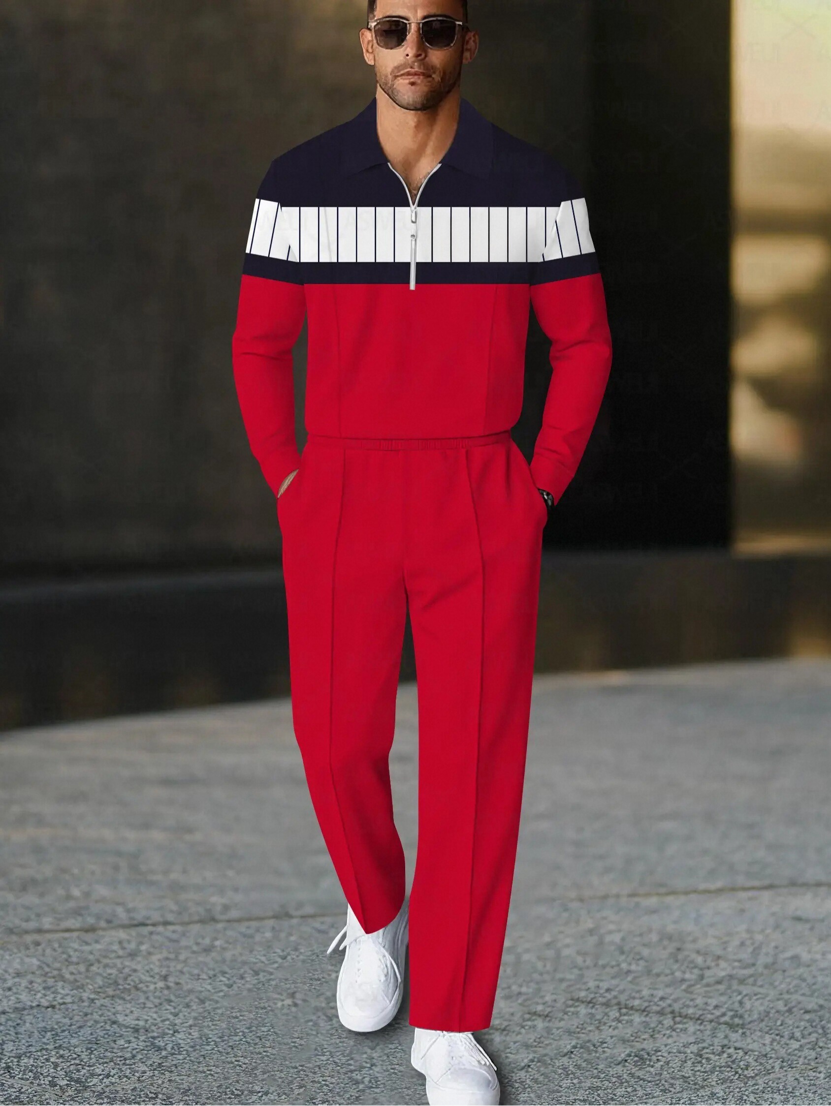 Men's casual and fashionable red geometric polo long-sleeve two-piece 