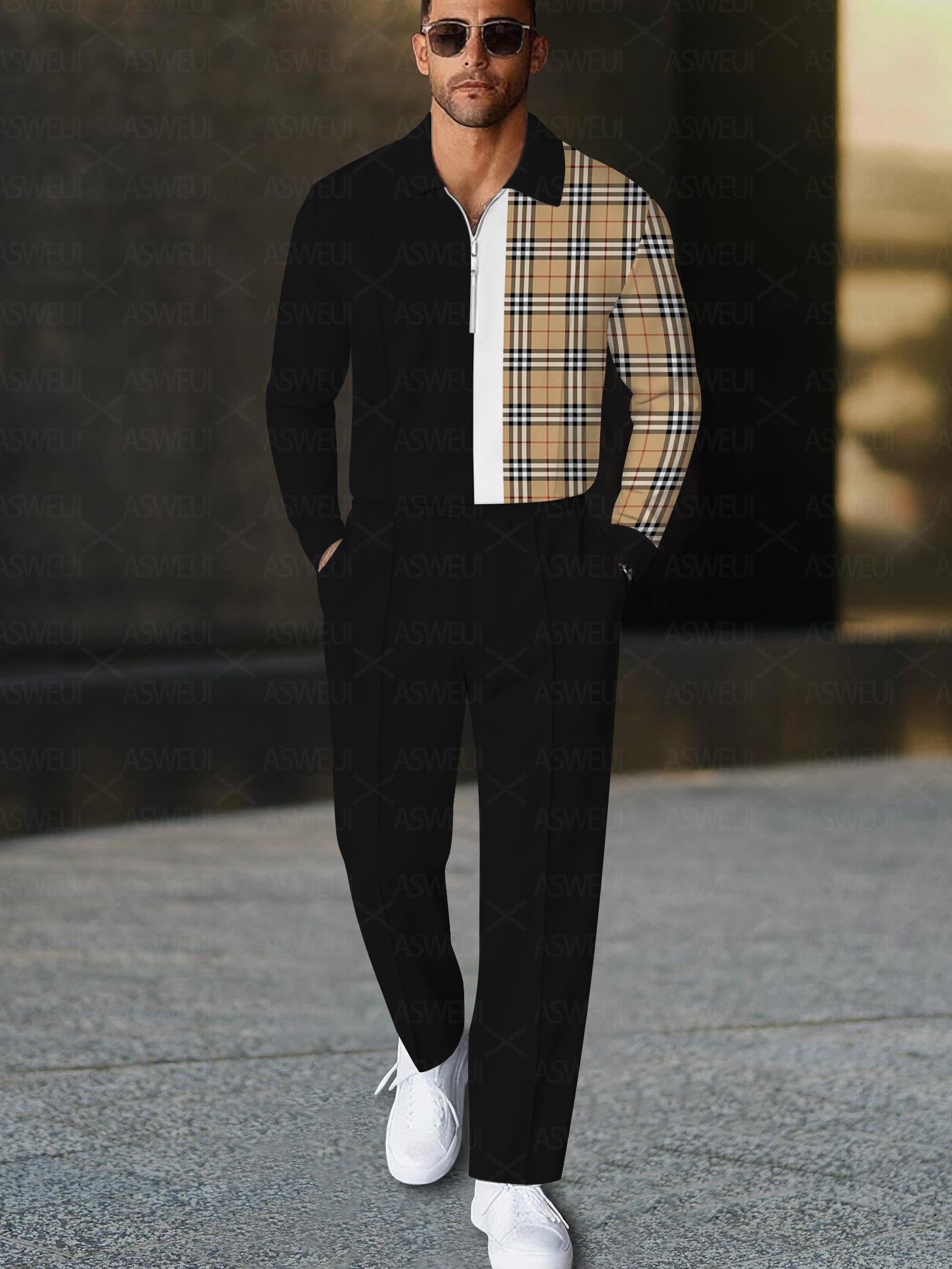 Men's casual and fashionable checkered polo long-sleeved two-piece set