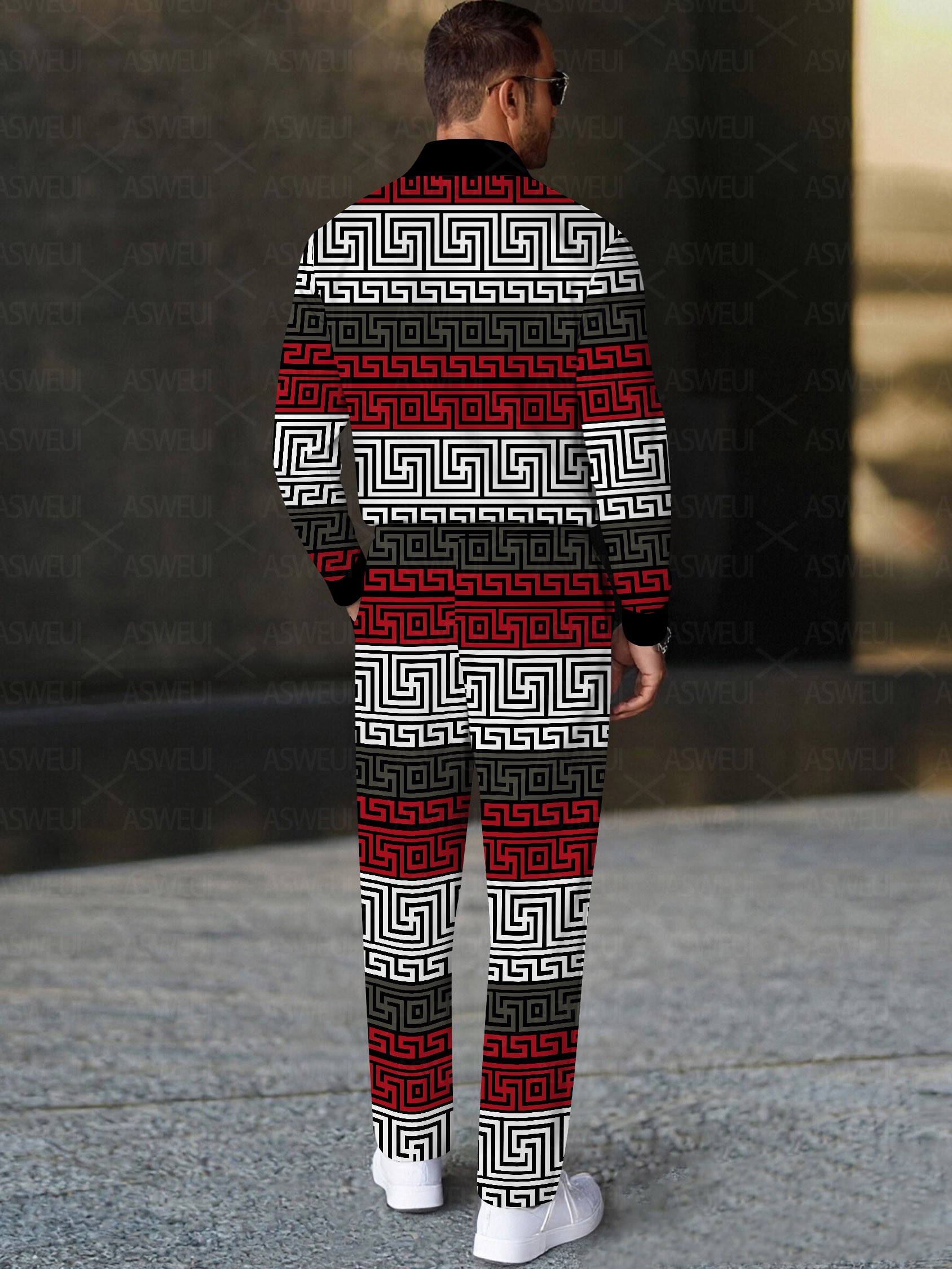 Men's casual fashionable geometric texture polo long-sleeve two-piece set