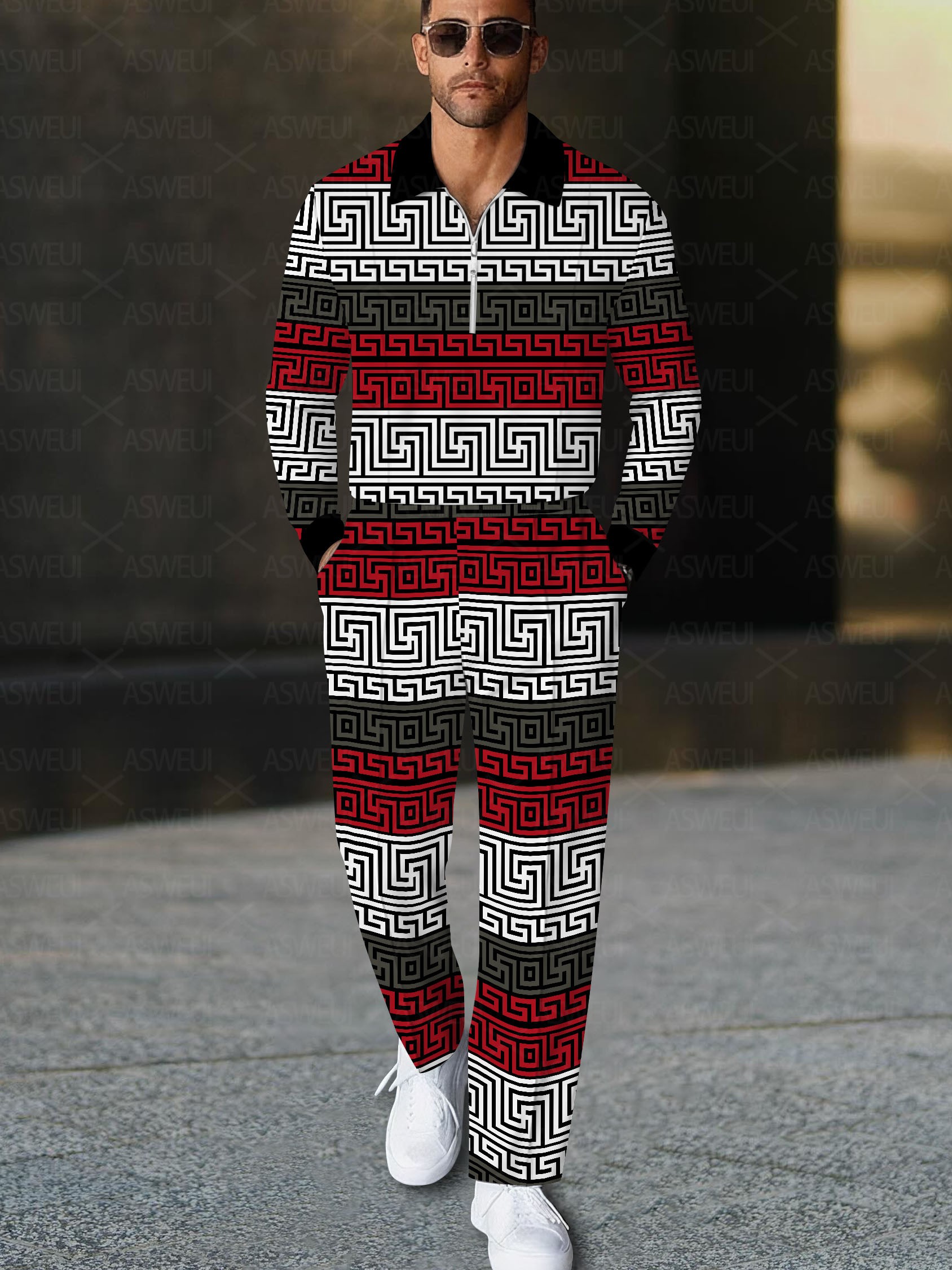 Men's casual fashionable geometric texture polo long-sleeve two-piece set