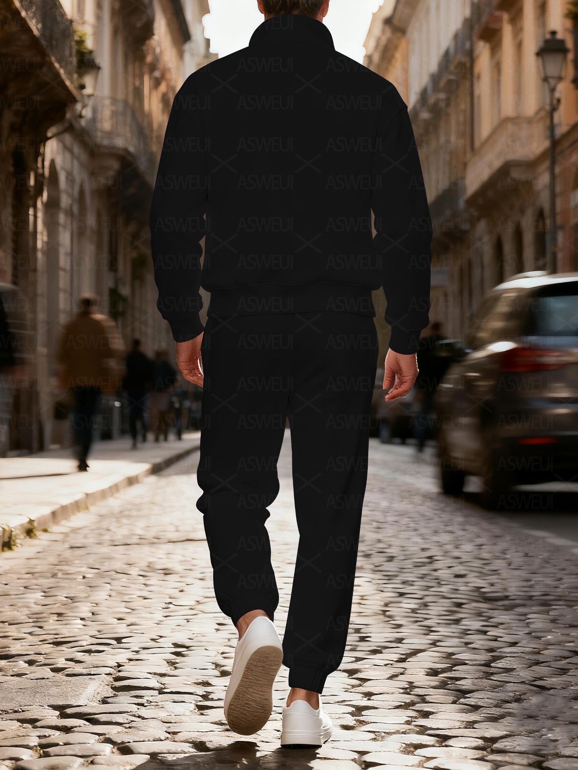 Men's fashionable casual black printed zipper long-sleeved two-piece set