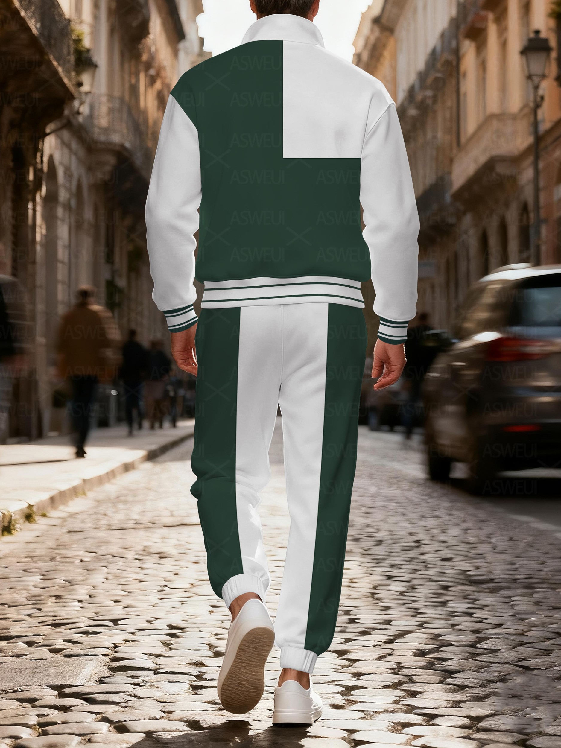 Men's casual and fashionable green zipper long-sleeved two-piece set