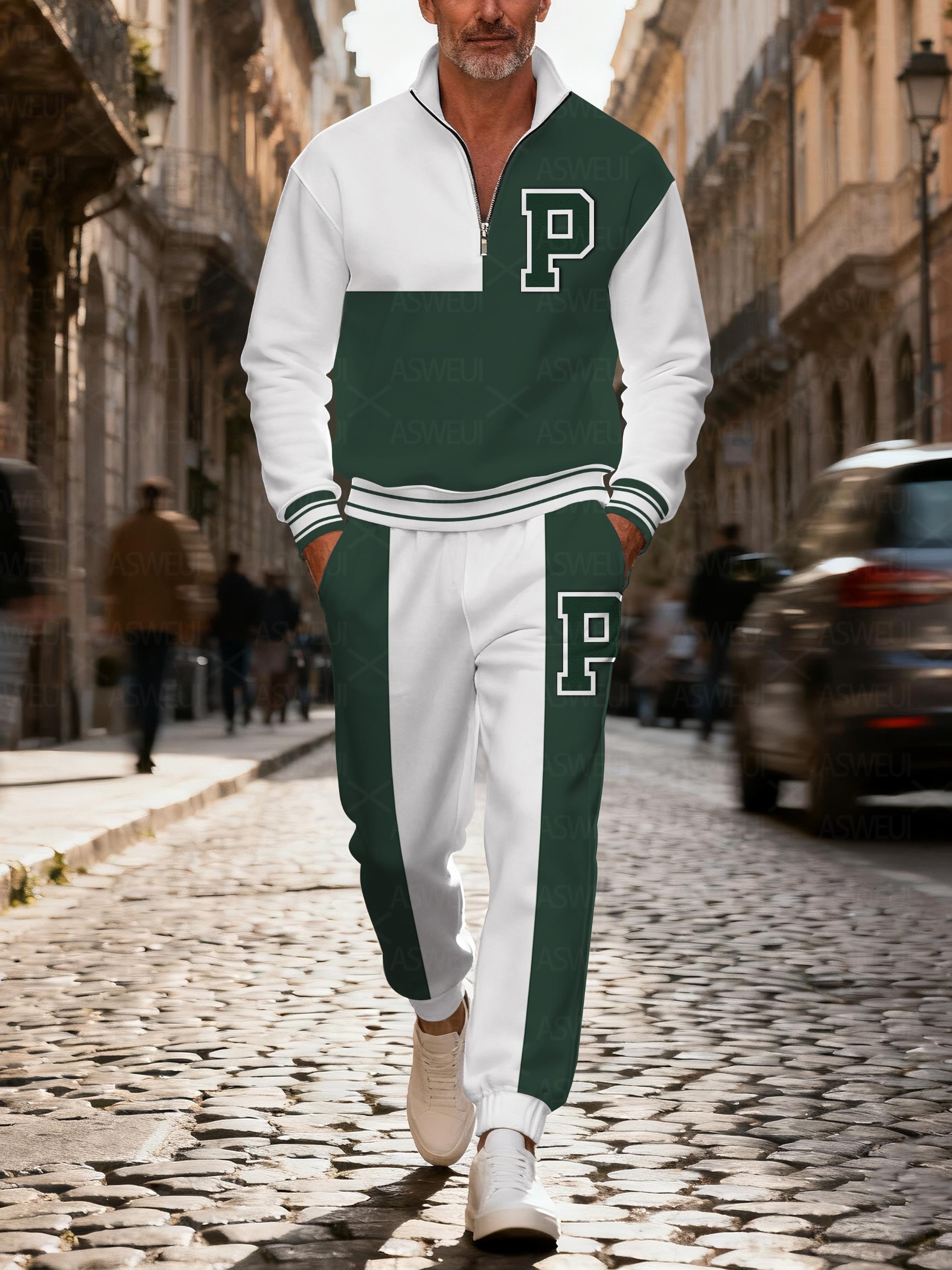 Men's casual and fashionable green zipper long-sleeved two-piece set