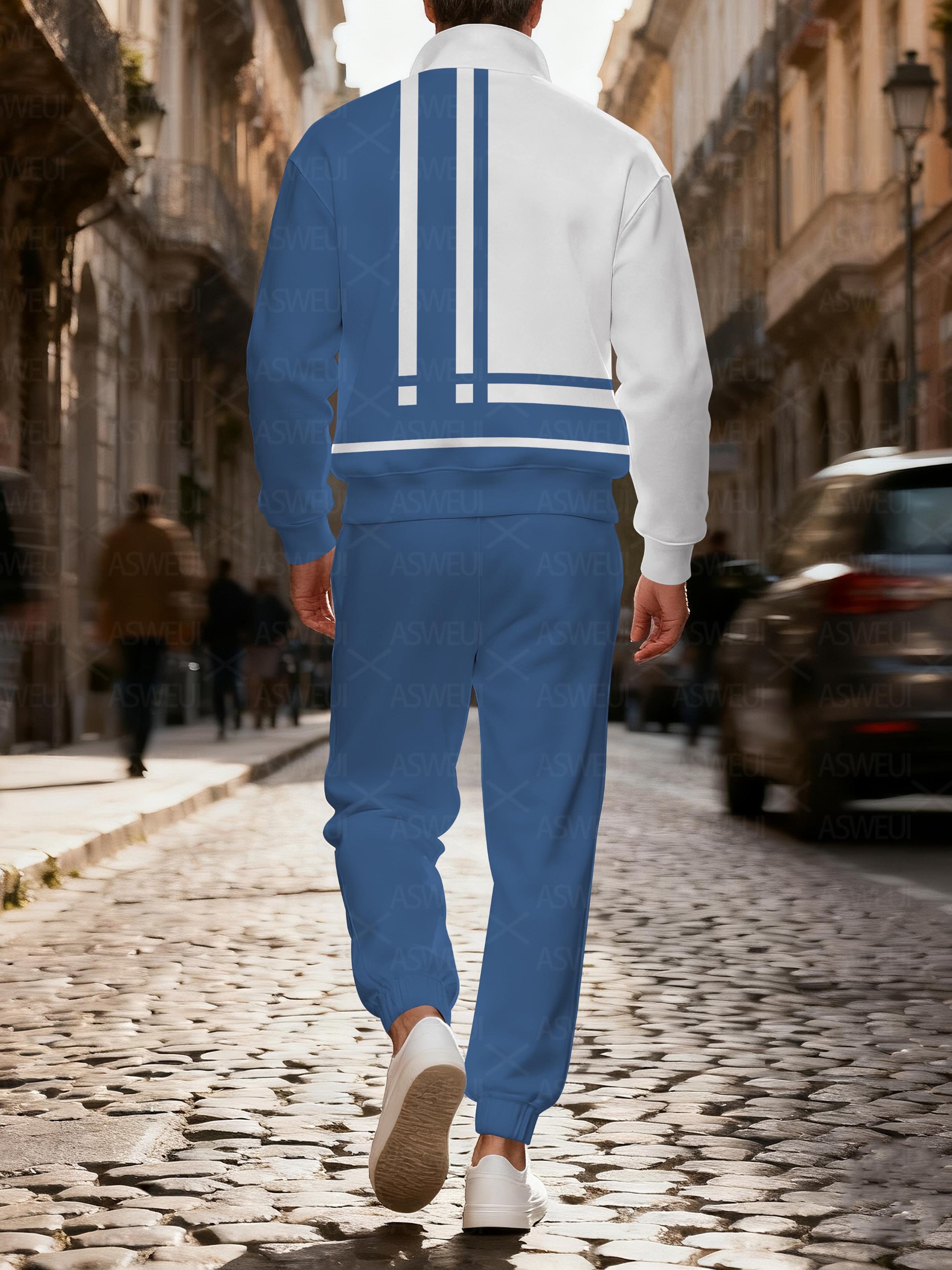 Men's casual fashionable geometric zipper long-sleeved two-piece set