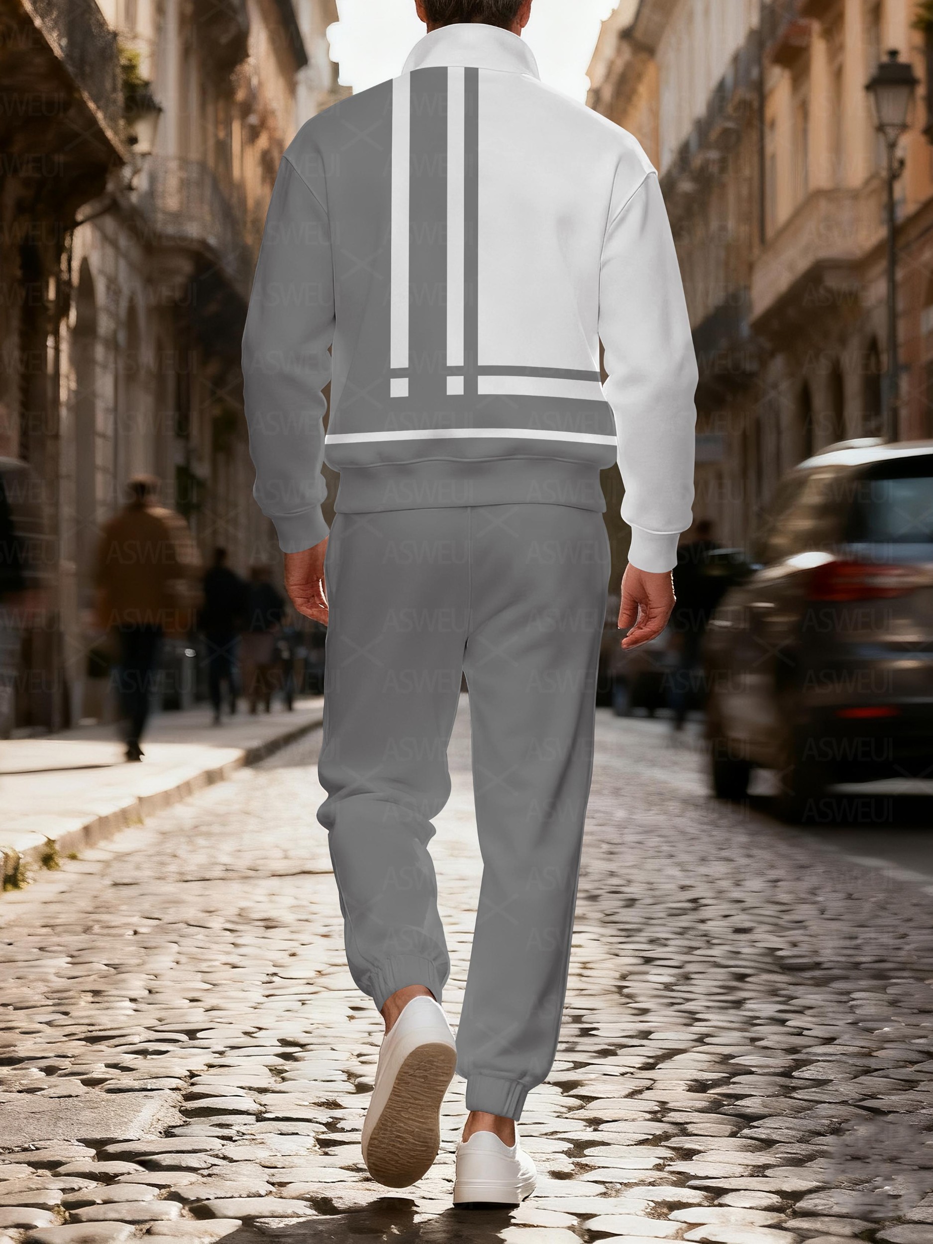 Men's casual fashionable geometric zipper long-sleeved two-piece set