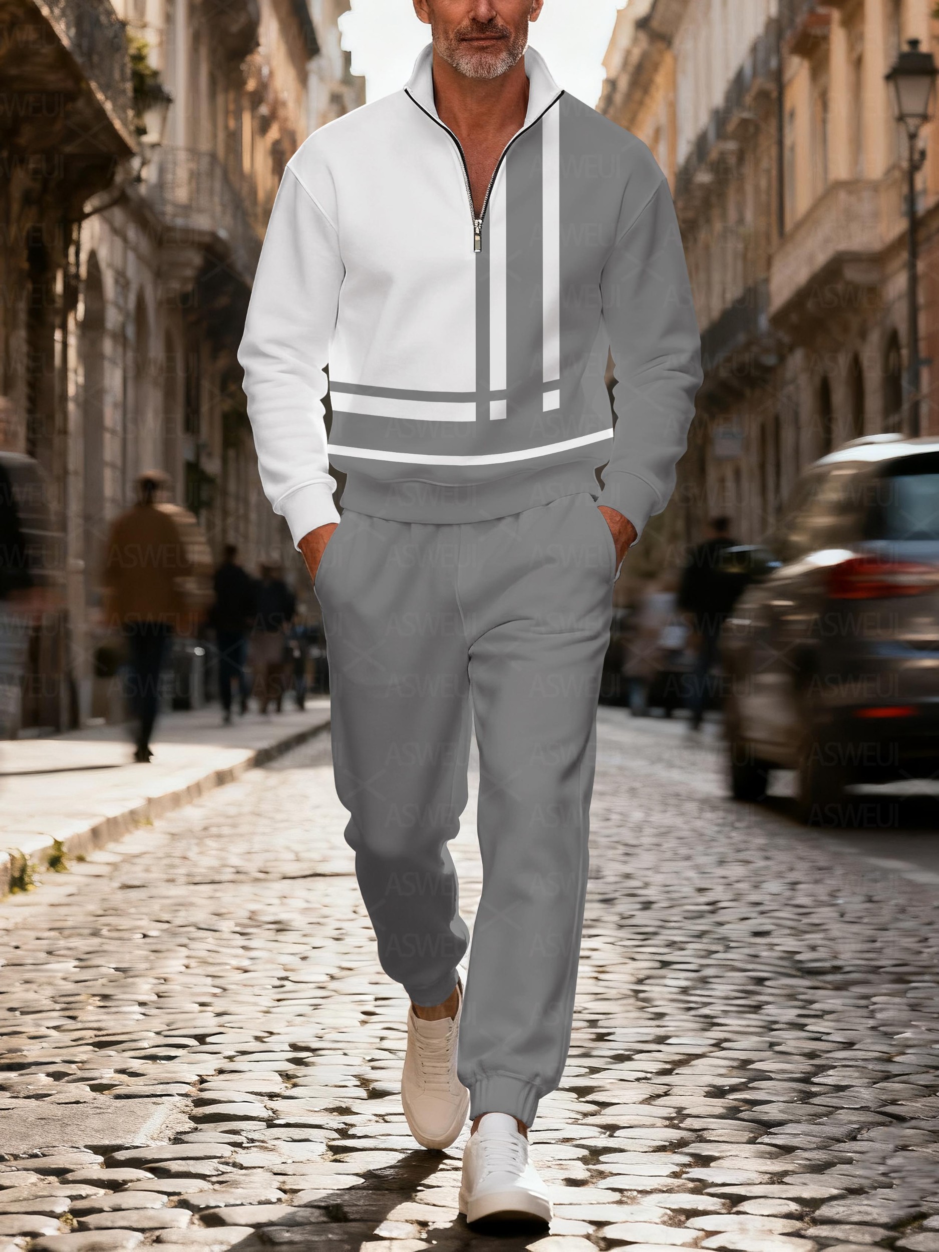 Men's casual fashionable geometric zipper long-sleeved two-piece set