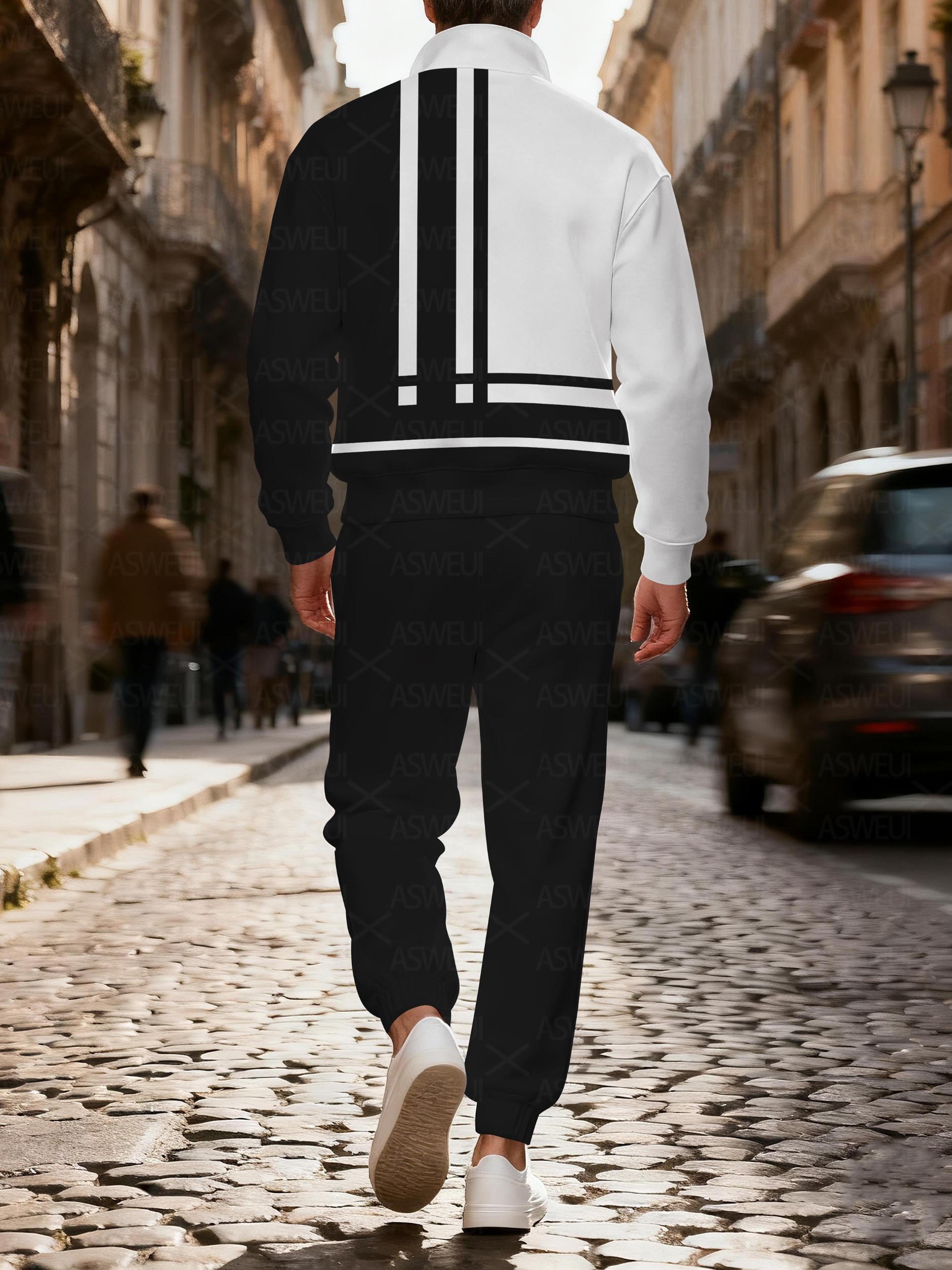 Men's casual fashionable geometric zipper long-sleeved two-piece set
