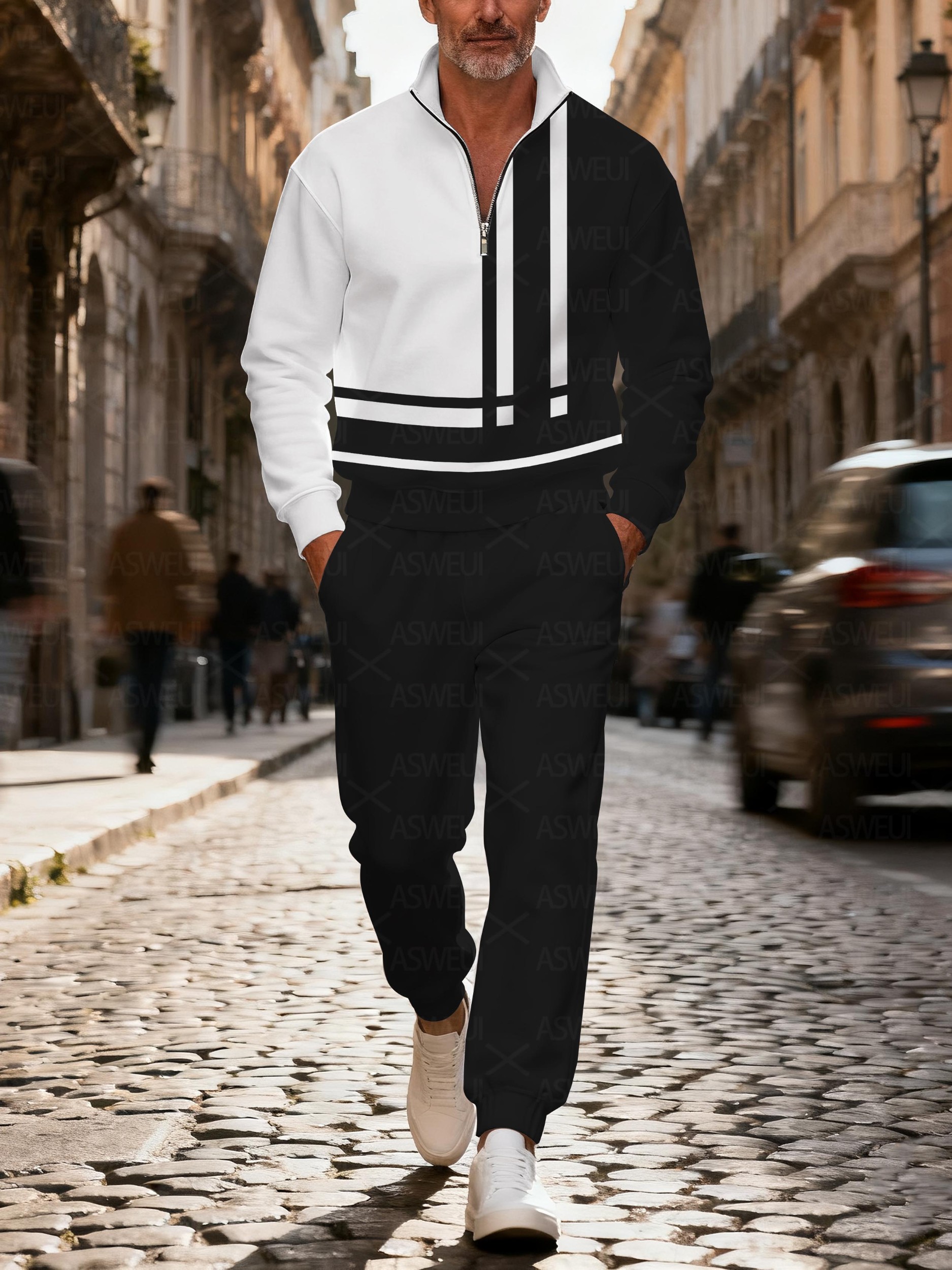 Men's casual fashionable geometric zipper long-sleeved two-piece set