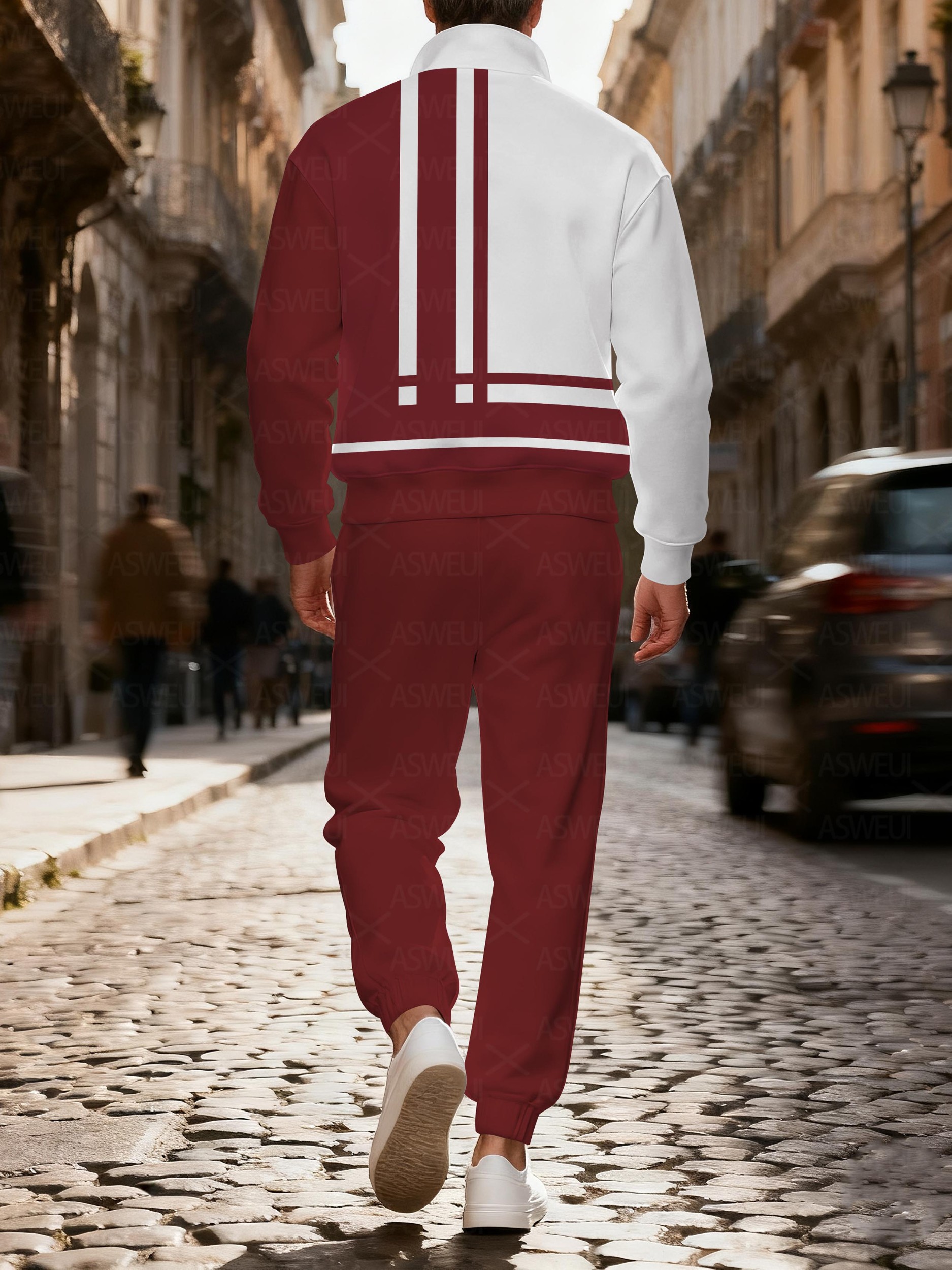 Men's casual fashionable geometric zipper long-sleeved two-piece set