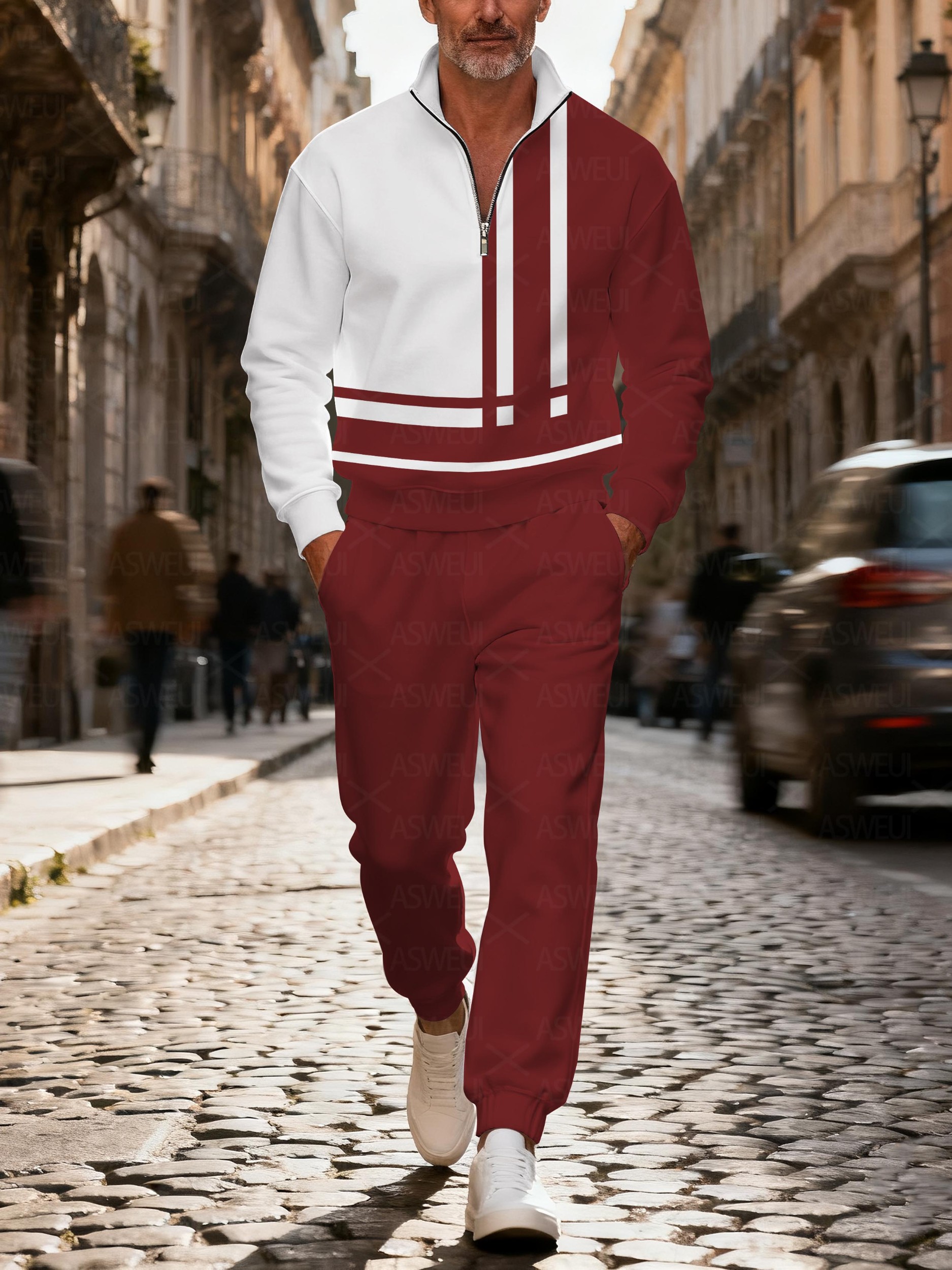 Men's casual fashionable geometric zipper long-sleeved two-piece set