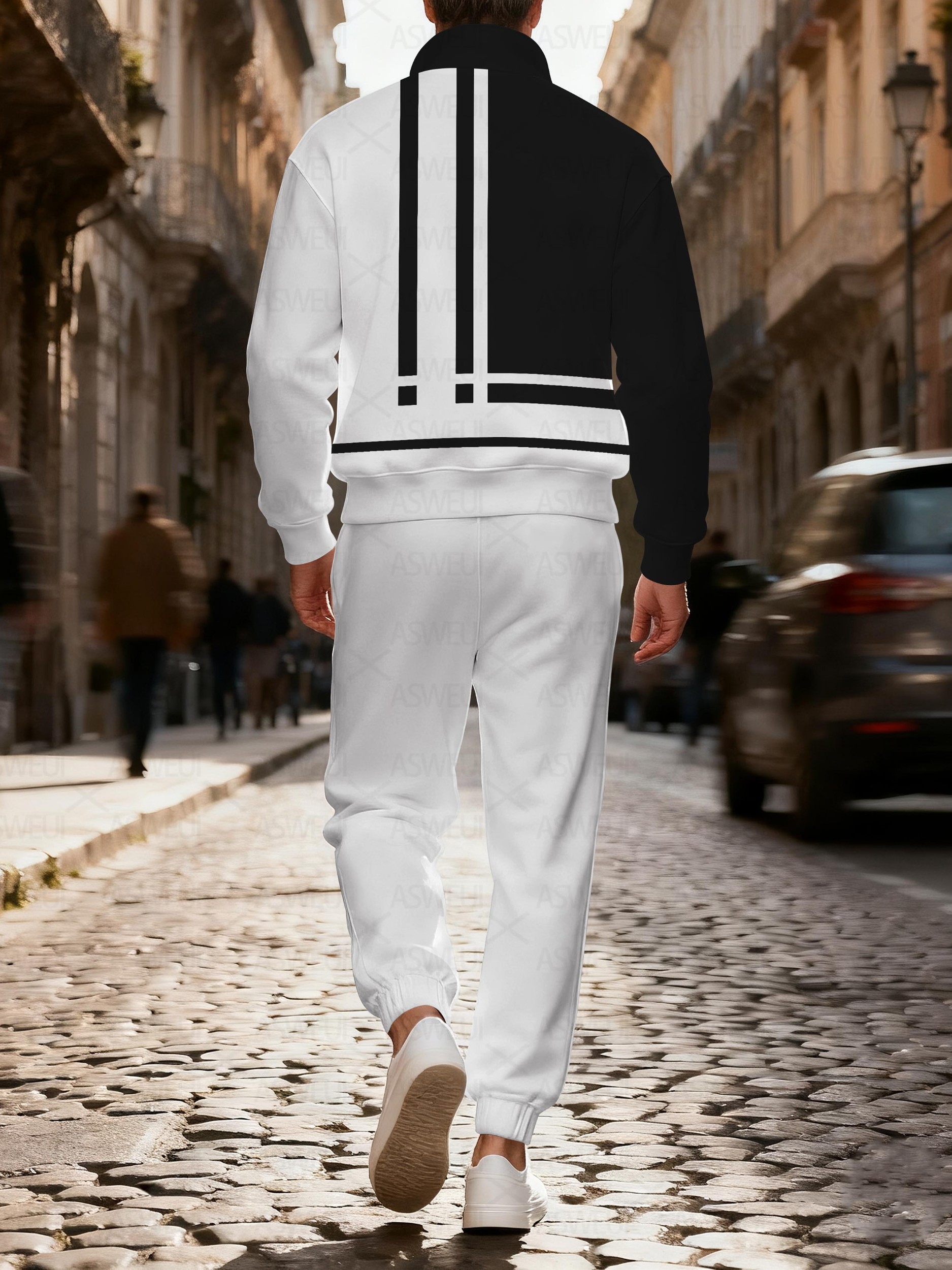 Men's casual fashionable geometric zipper long-sleeved two-piece set
