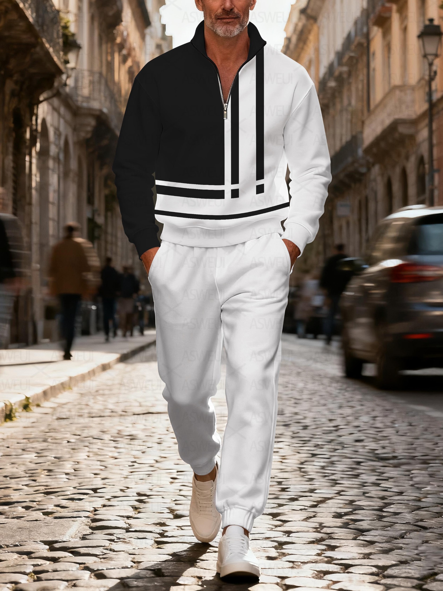 Men's casual fashionable geometric zipper long-sleeved two-piece set