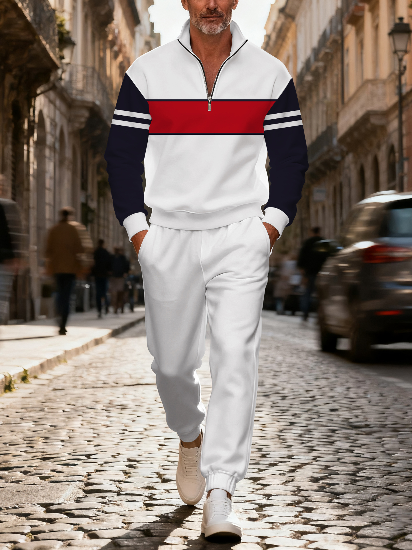 Men's casual and fashionable multi-color zipper long-sleeved two-piece