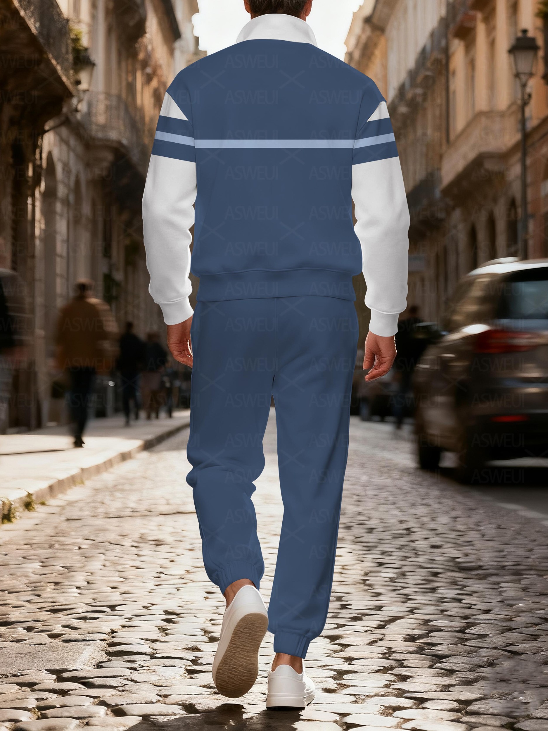 Men's casual fashionable blue striped print zipper long-sleeved two-piece set