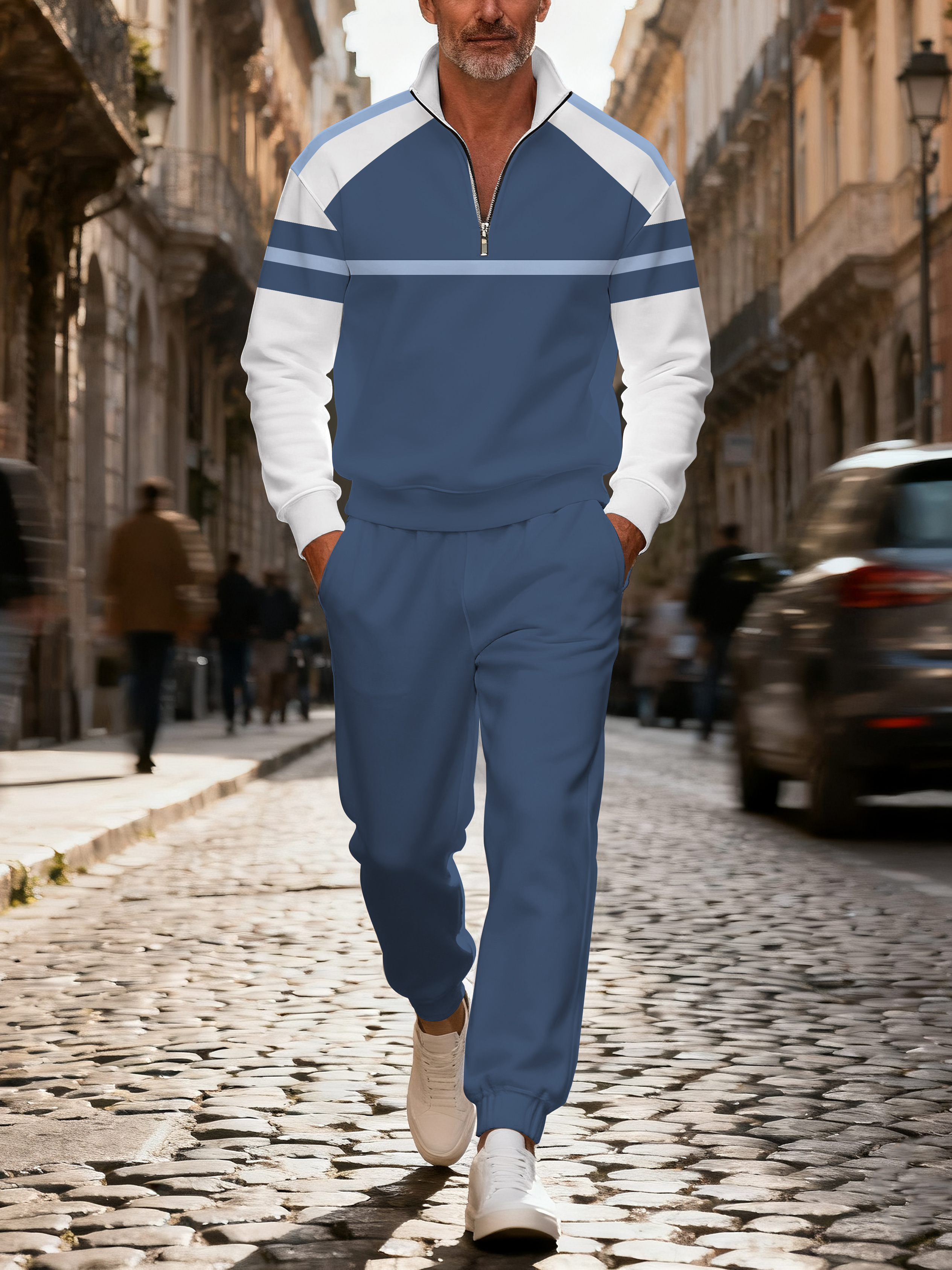 Men's casual fashionable blue striped print zipper long-sleeved two-piece set