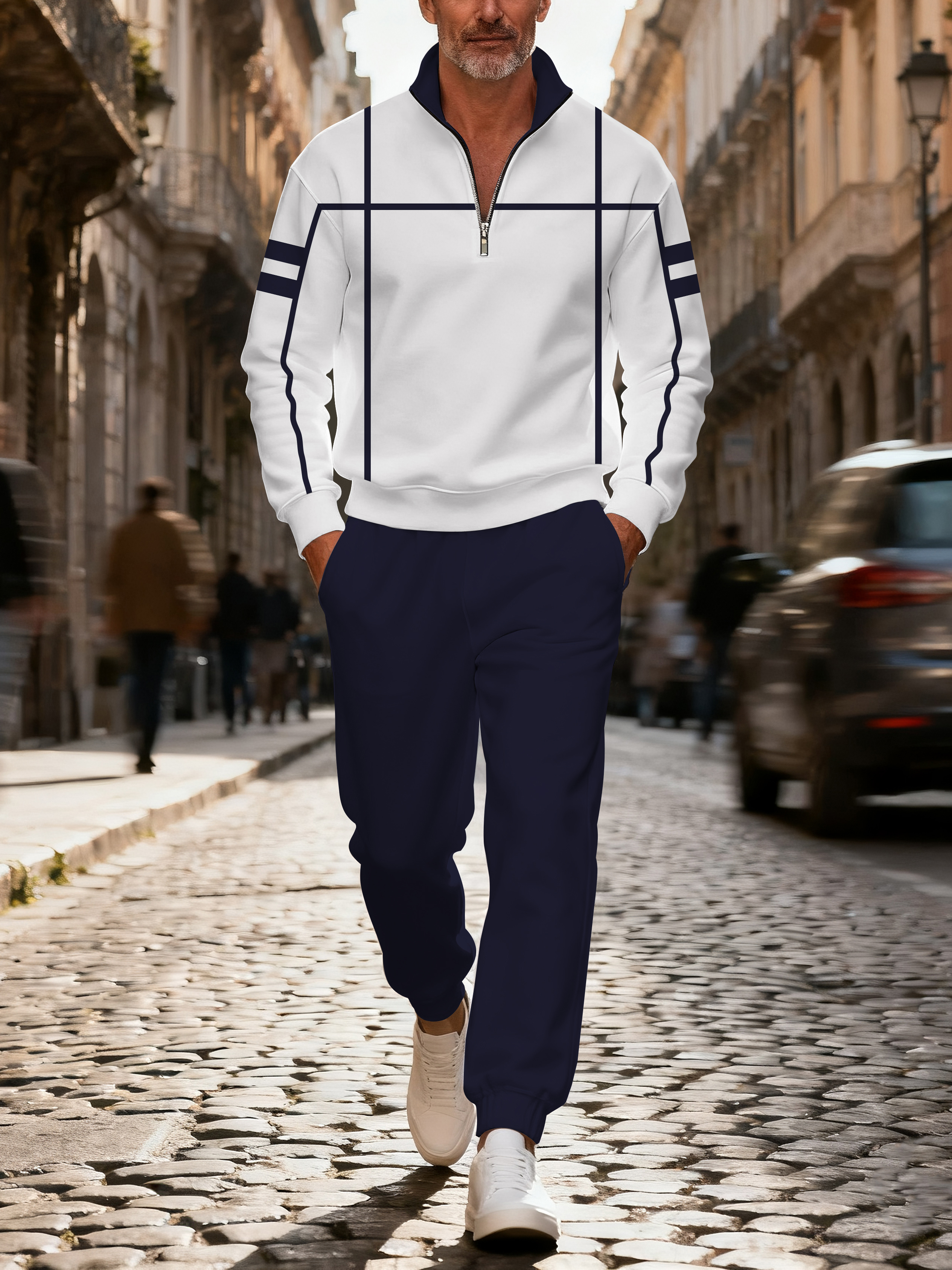 Men's casual and fashionable multicolor zipper long-sleeved two-piece set