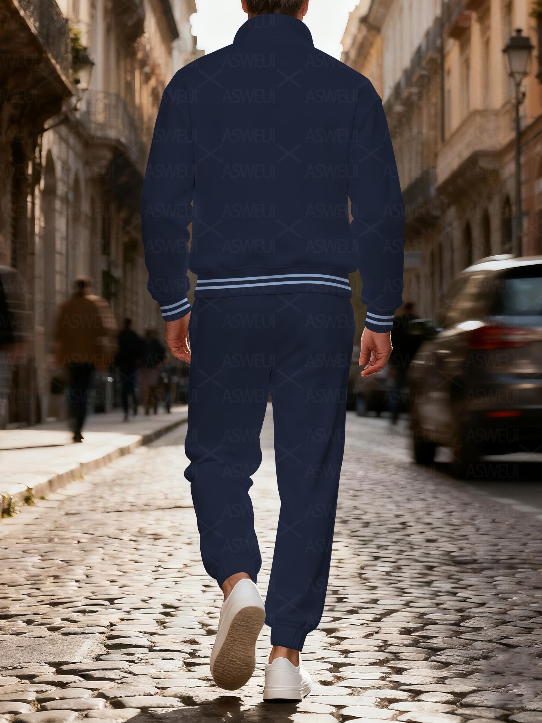 Men's casual and fashionable navy blue zipper long-sleeved two-piece set