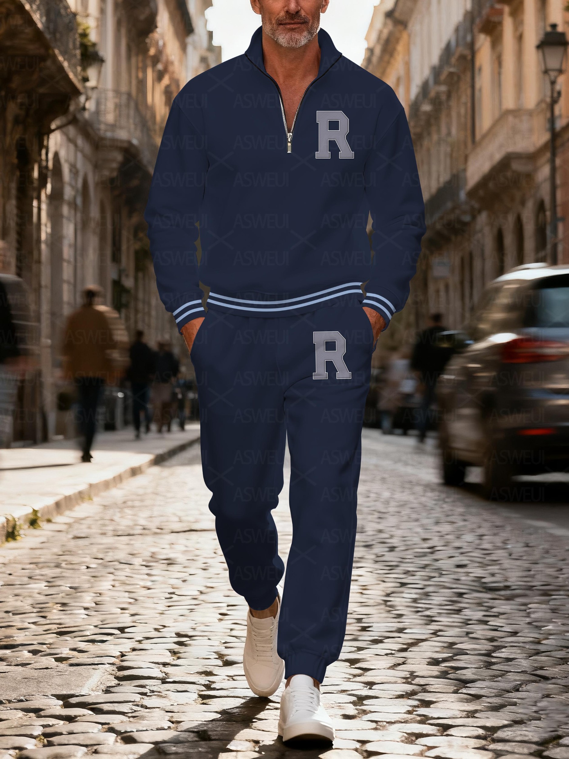 Men's casual and fashionable navy blue zipper long-sleeved two-piece set