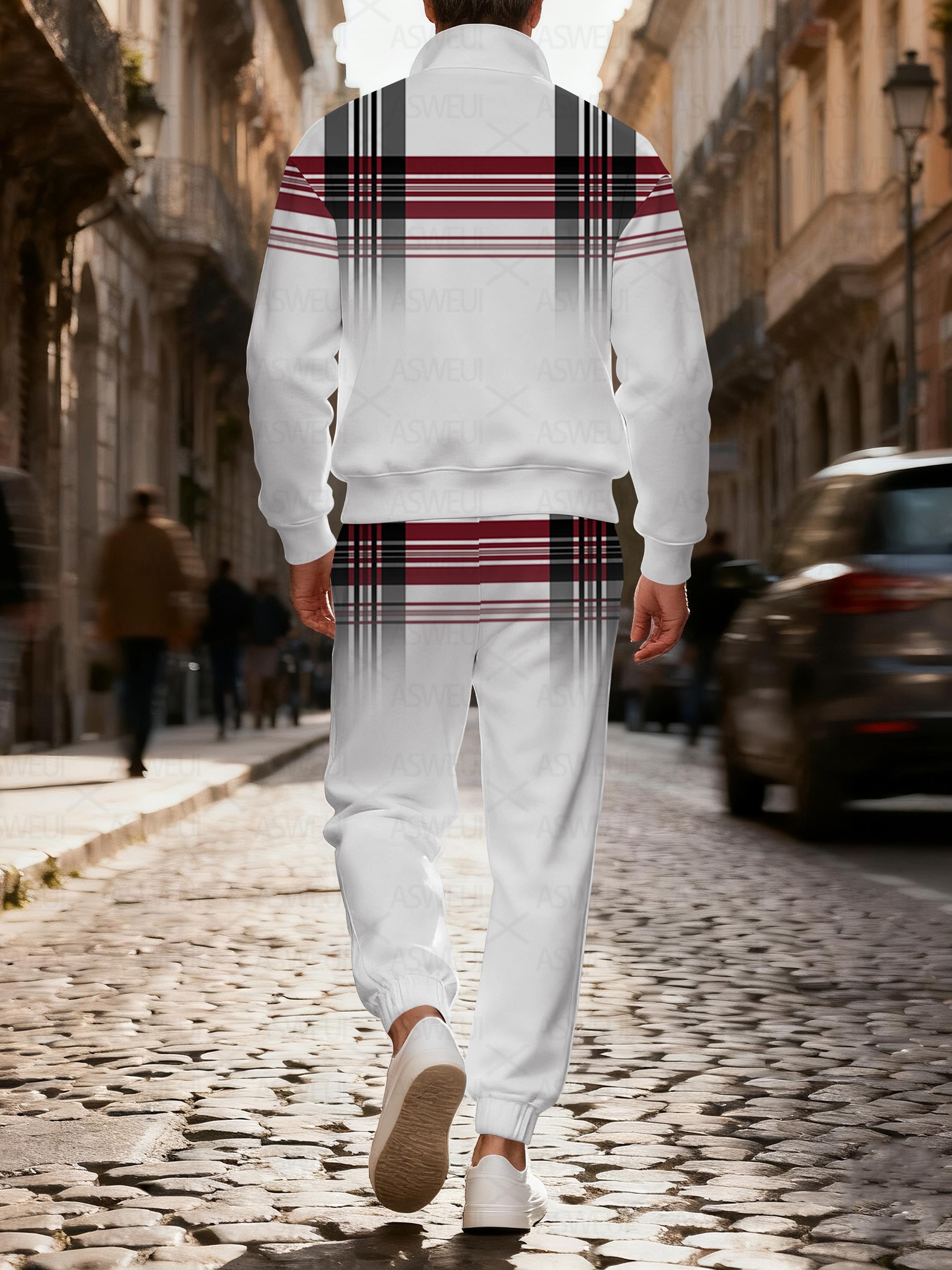 Men's fashionable casual white and red checkered zipper long-sleeved two-piece set