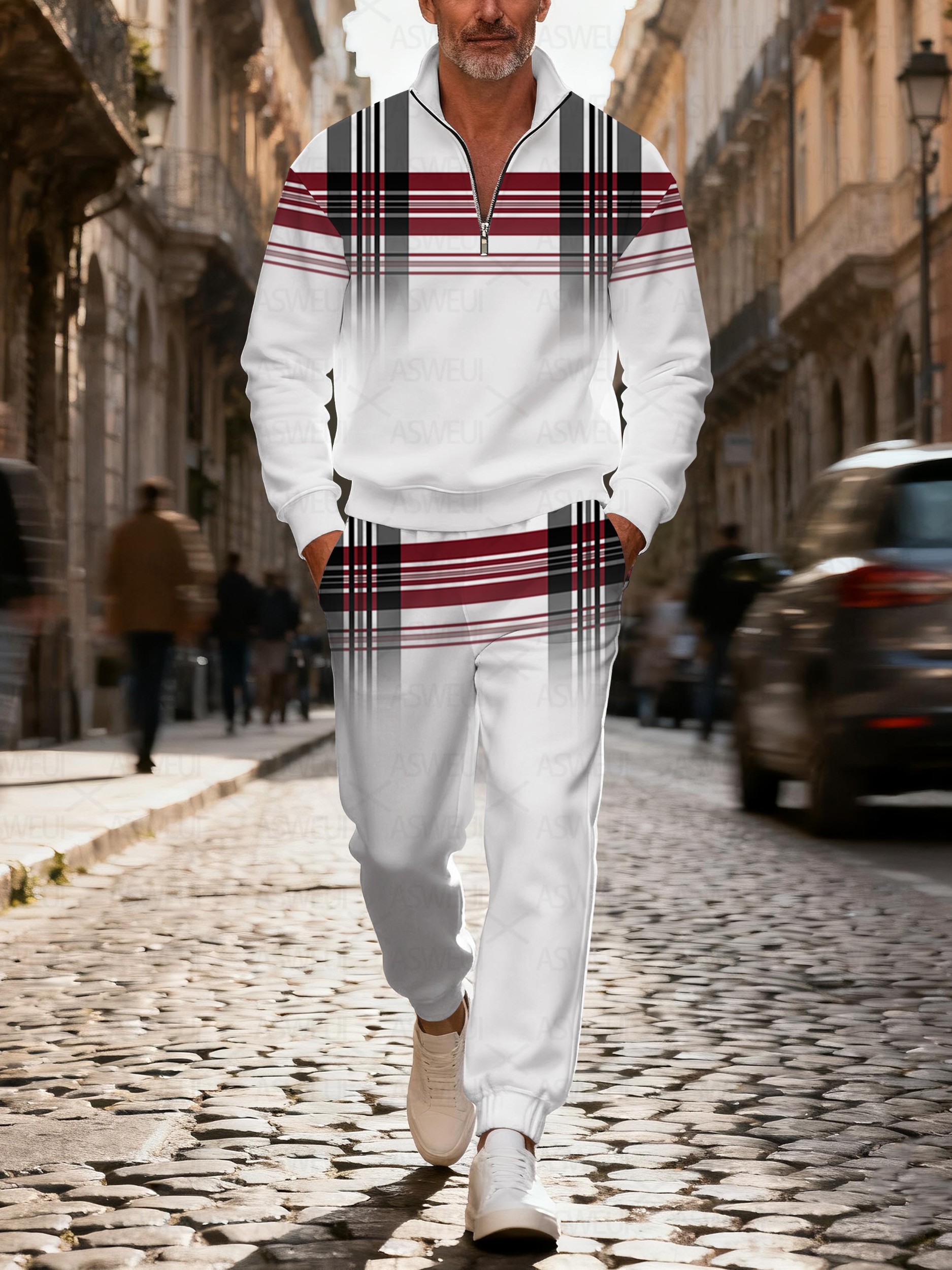 Men's fashionable casual white and red checkered zipper long-sleeved two-piece set