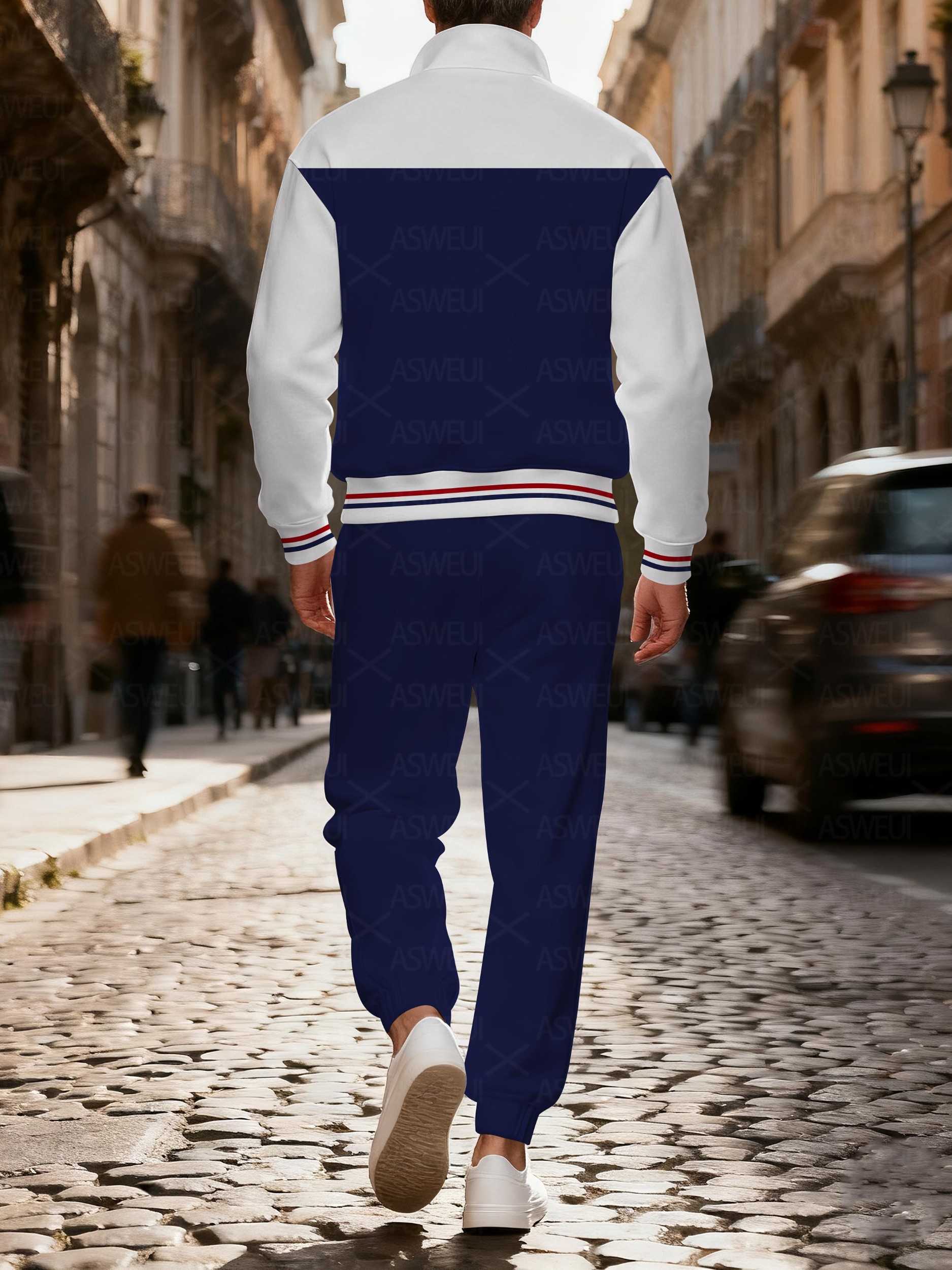 Men's casual and fashionable navy blue zipper long-sleeved two-piece set