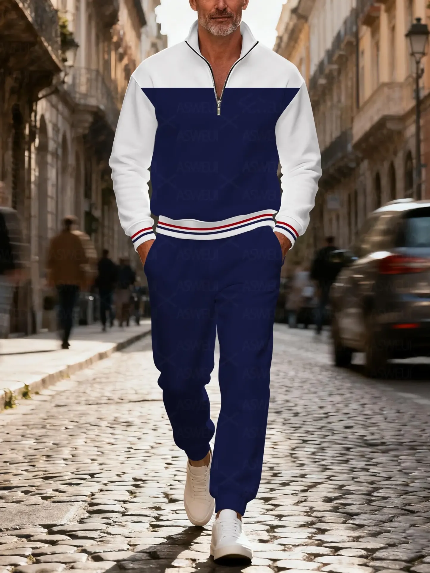 Men's casual and fashionable navy blue zipper long-sleeved two-piece s