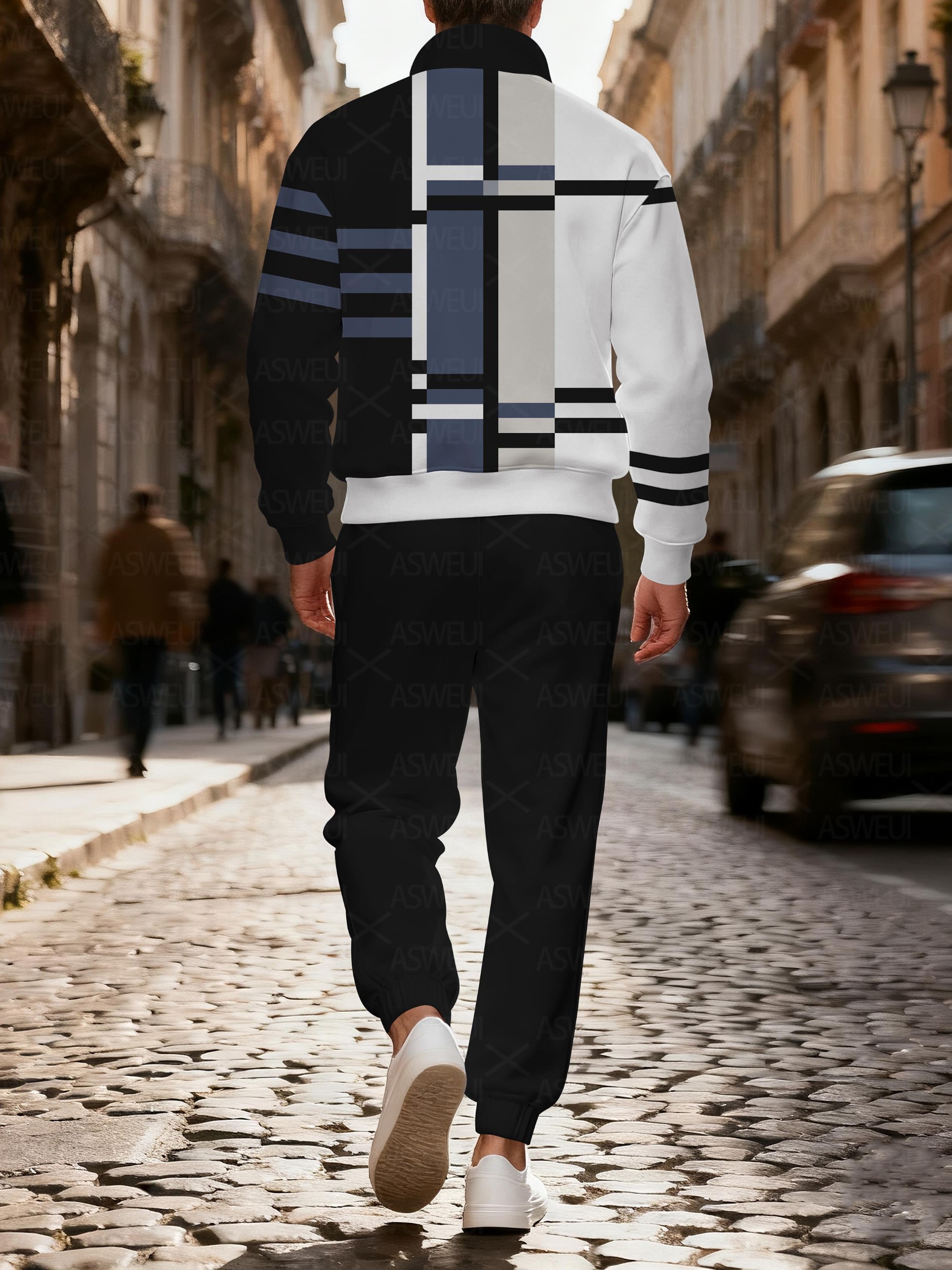 Men's casual and fashionable multicolor zipper long-sleeved two-piece set