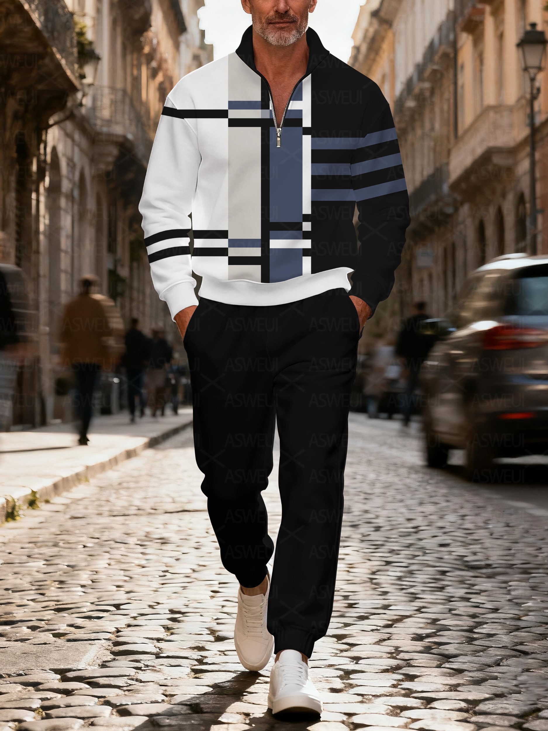 Men's casual and fashionable multicolor zipper long-sleeved two-piece set